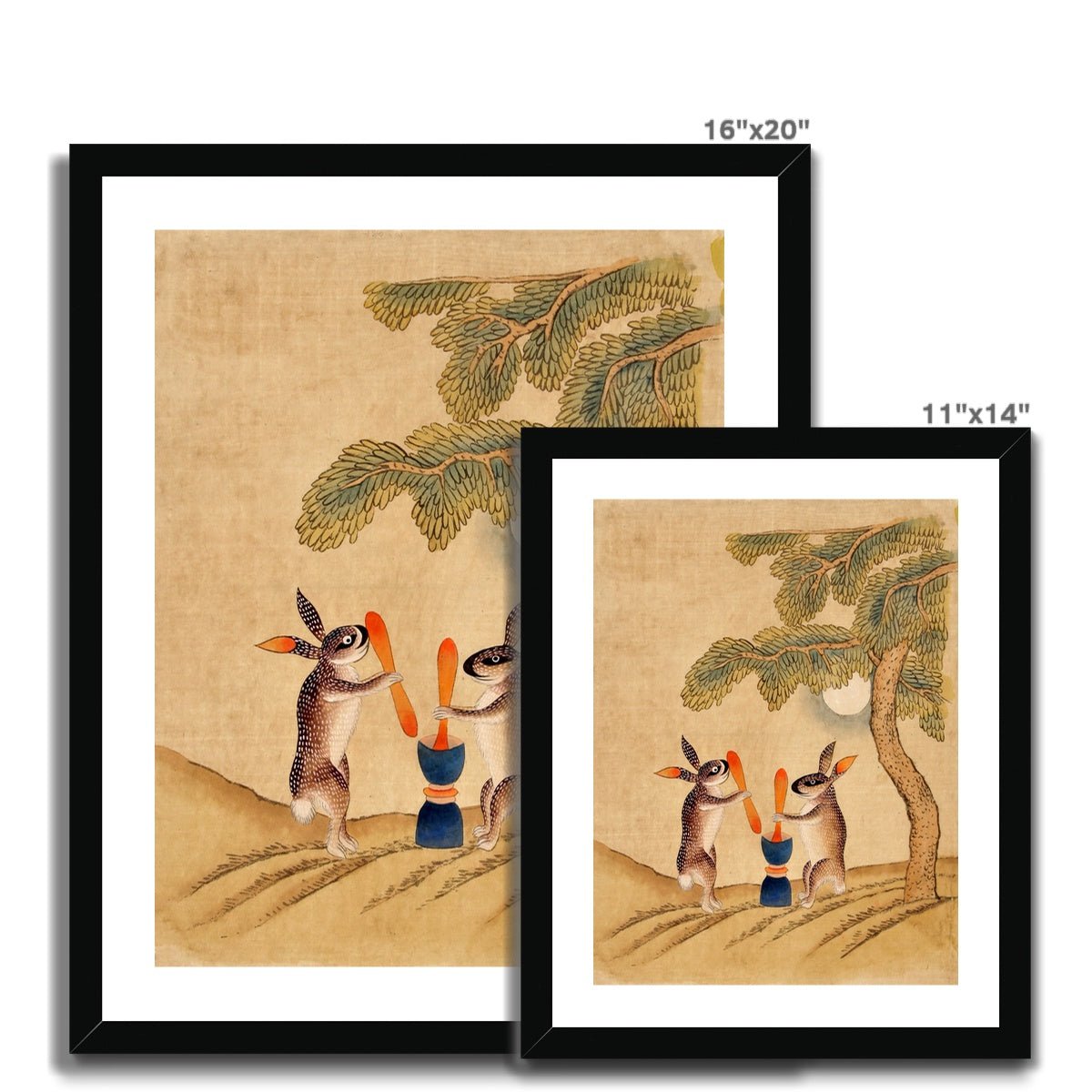 Minhwa Bunny of Immortality, Staring at the Moon | Classic Korean Mythology Folk Art | Cute Kawaii Rabbit Pet Lover Framed Art Print