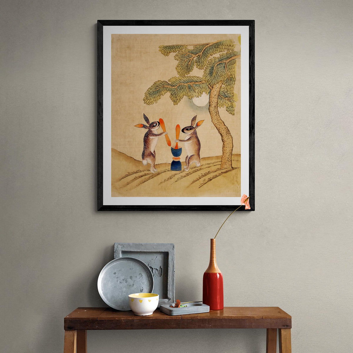 Minhwa Bunny of Immortality, Staring at the Moon | Classic Korean Mythology Folk Art | Cute Kawaii Rabbit Pet Lover Framed Art Print