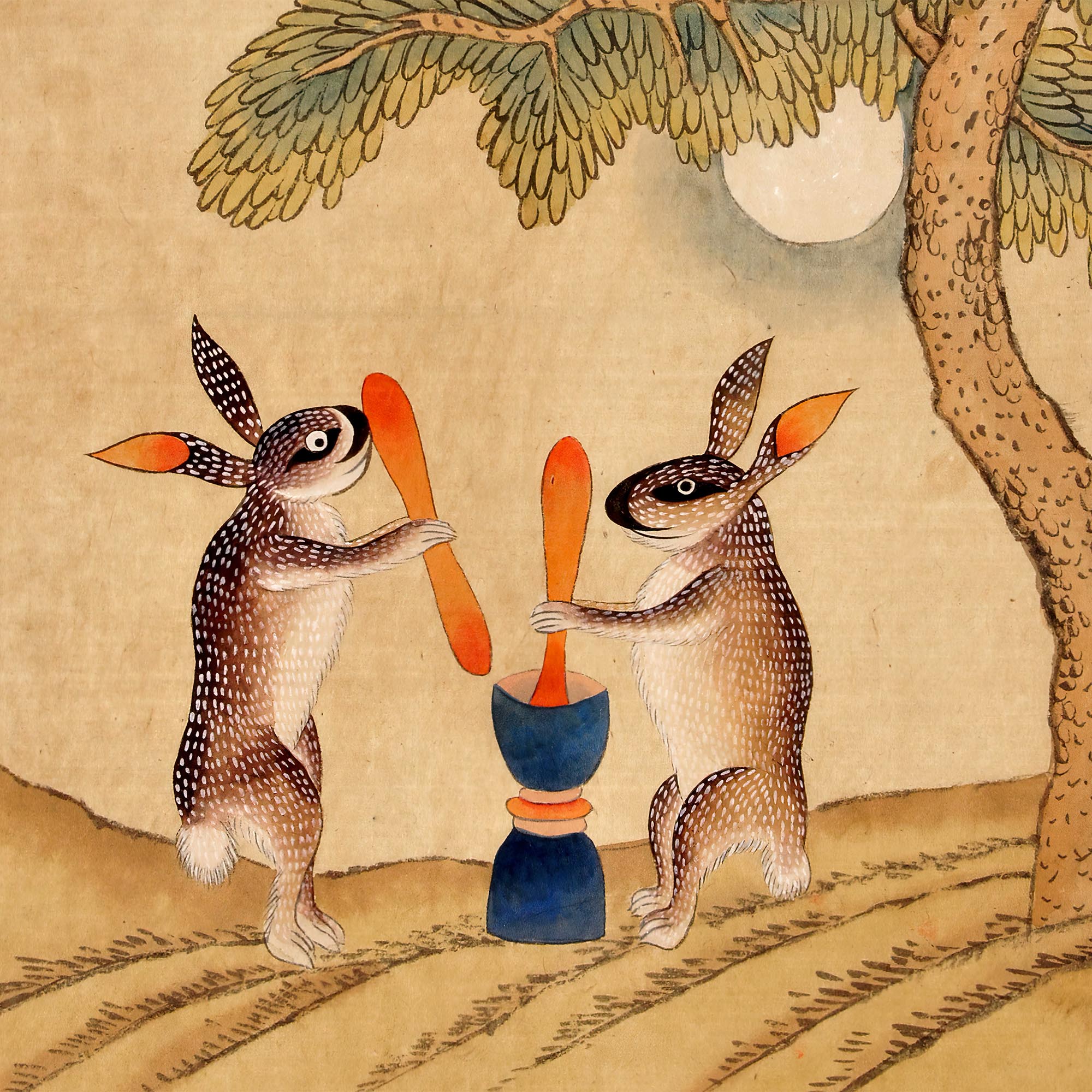 Fine art Minhwa Bunny of Immortality, Staring at the Moon | Classic Korean Mythology Folk Art | Cute Kawaii Rabbit Pet Lover Framed Art Print