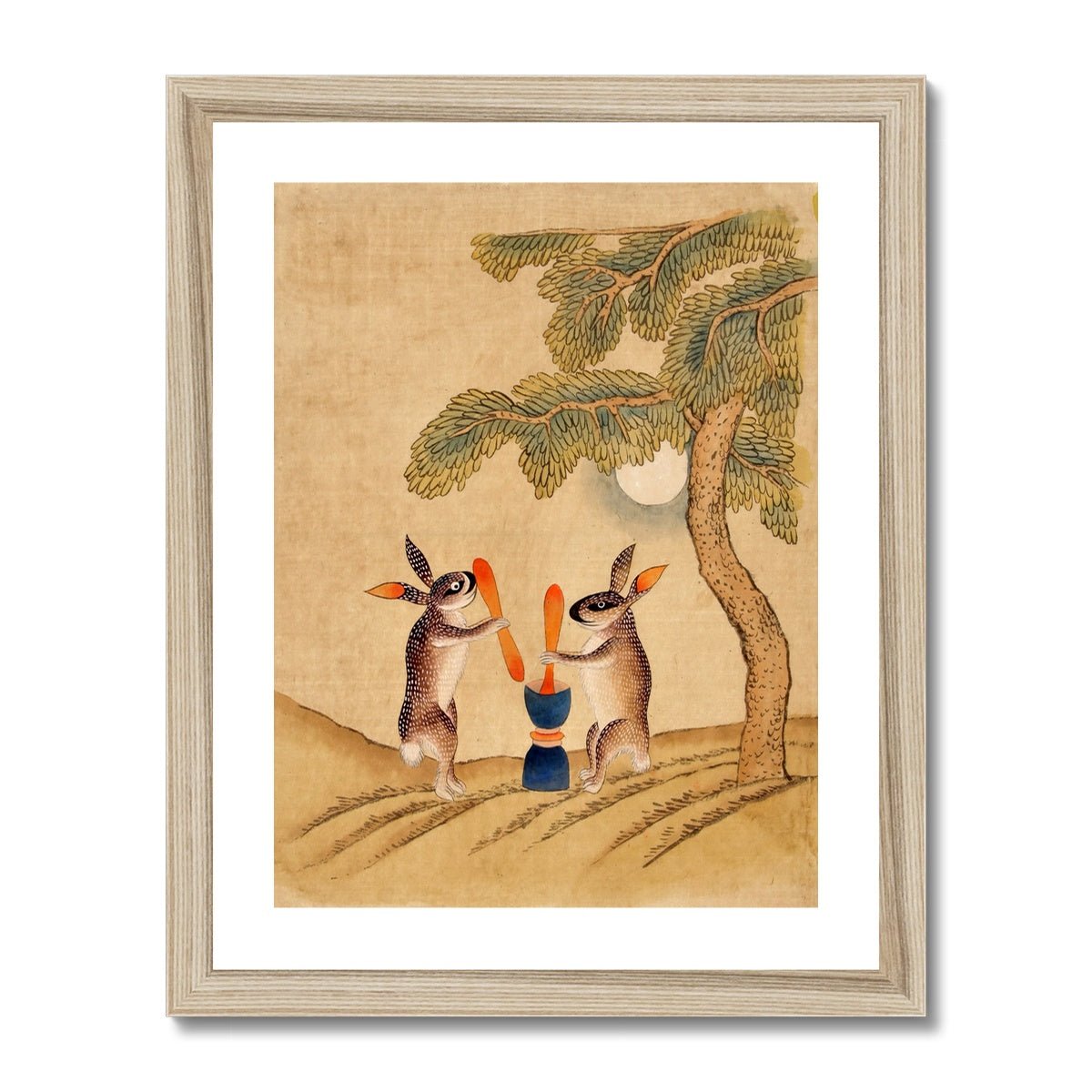 Minhwa Bunny of Immortality, Staring at the Moon | Classic Korean Mythology Folk Art | Cute Kawaii Rabbit Pet Lover Framed Art Print