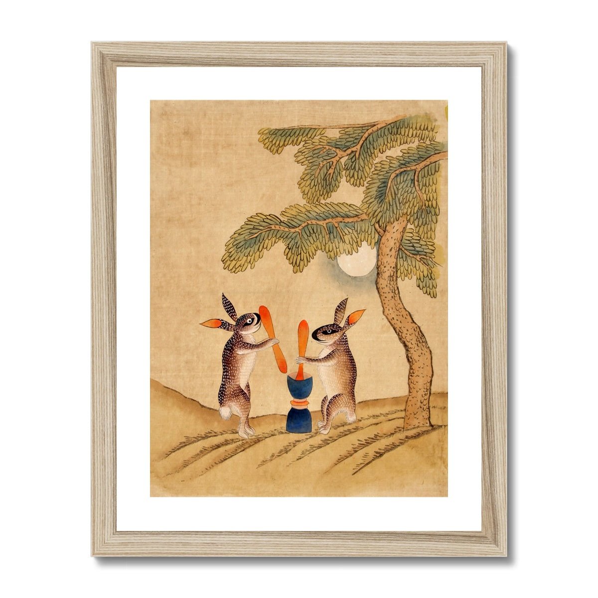 Fine art 11"x14" / Natural Frame Minhwa Bunny of Immortality, Staring at the Moon | Classic Korean Mythology Folk Art | Cute Kawaii Rabbit Pet Lover Framed Art Print