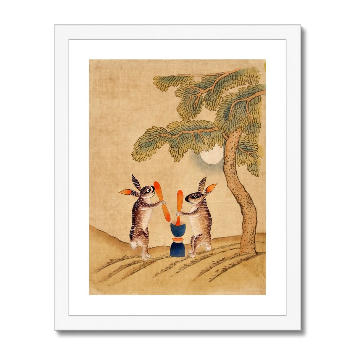 Minhwa Bunny of Immortality, Staring at the Moon | Classic Korean Mythology Folk Art | Cute Kawaii Rabbit Pet Lover Framed Art Print