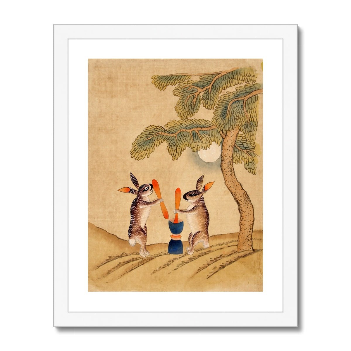 Fine art 11"x14" / White Frame Minhwa Bunny of Immortality, Staring at the Moon | Classic Korean Mythology Folk Art | Cute Kawaii Rabbit Pet Lover Framed Art Print