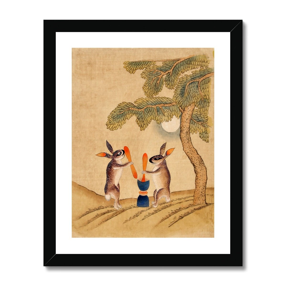Minhwa Bunny of Immortality, Staring at the Moon | Classic Korean Mythology Folk Art | Cute Kawaii Rabbit Pet Lover Framed Art Print