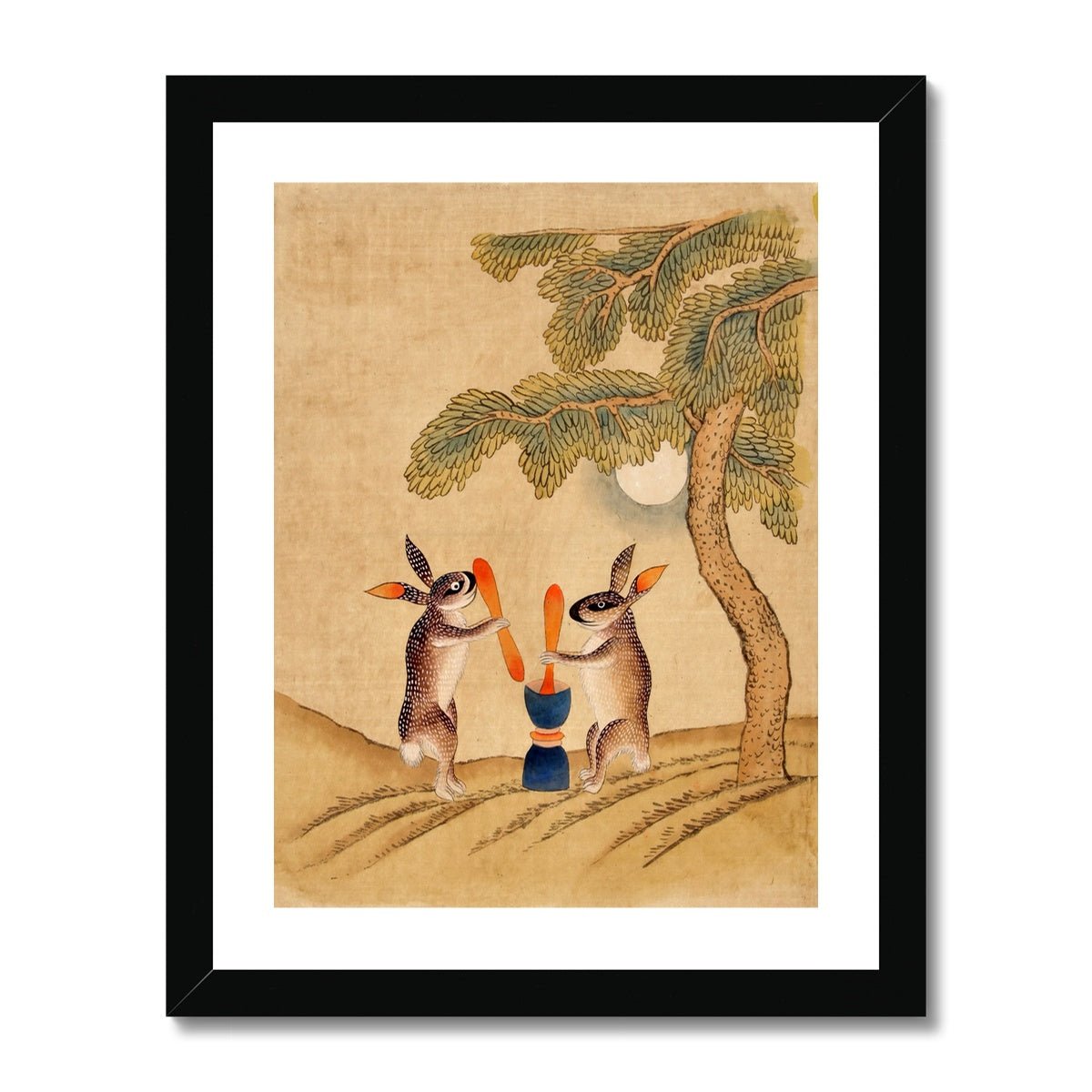 Fine art 11"x14" / Black Frame Minhwa Bunny of Immortality, Staring at the Moon | Classic Korean Mythology Folk Art | Cute Kawaii Rabbit Pet Lover Framed Art Print
