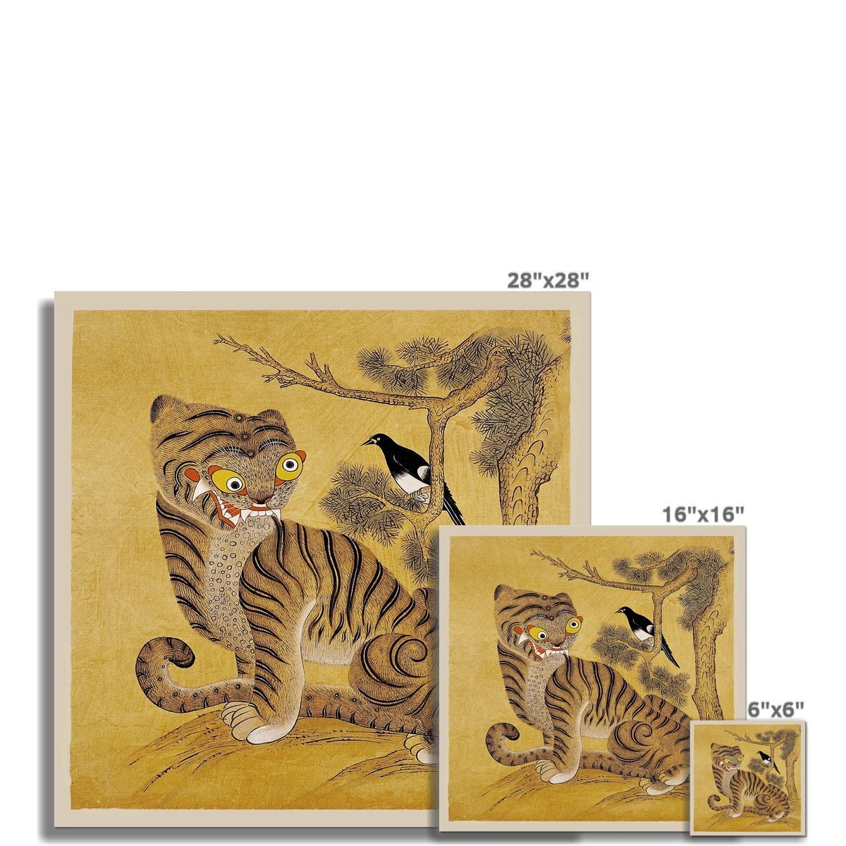 giclee 6"x6" Minhwa Tiger and Magpie: Classic Korean 19th-Century Folk Painting Antique Bird Jungle Kawaii Wildlife Lion Leopard Poster Fine Art Print