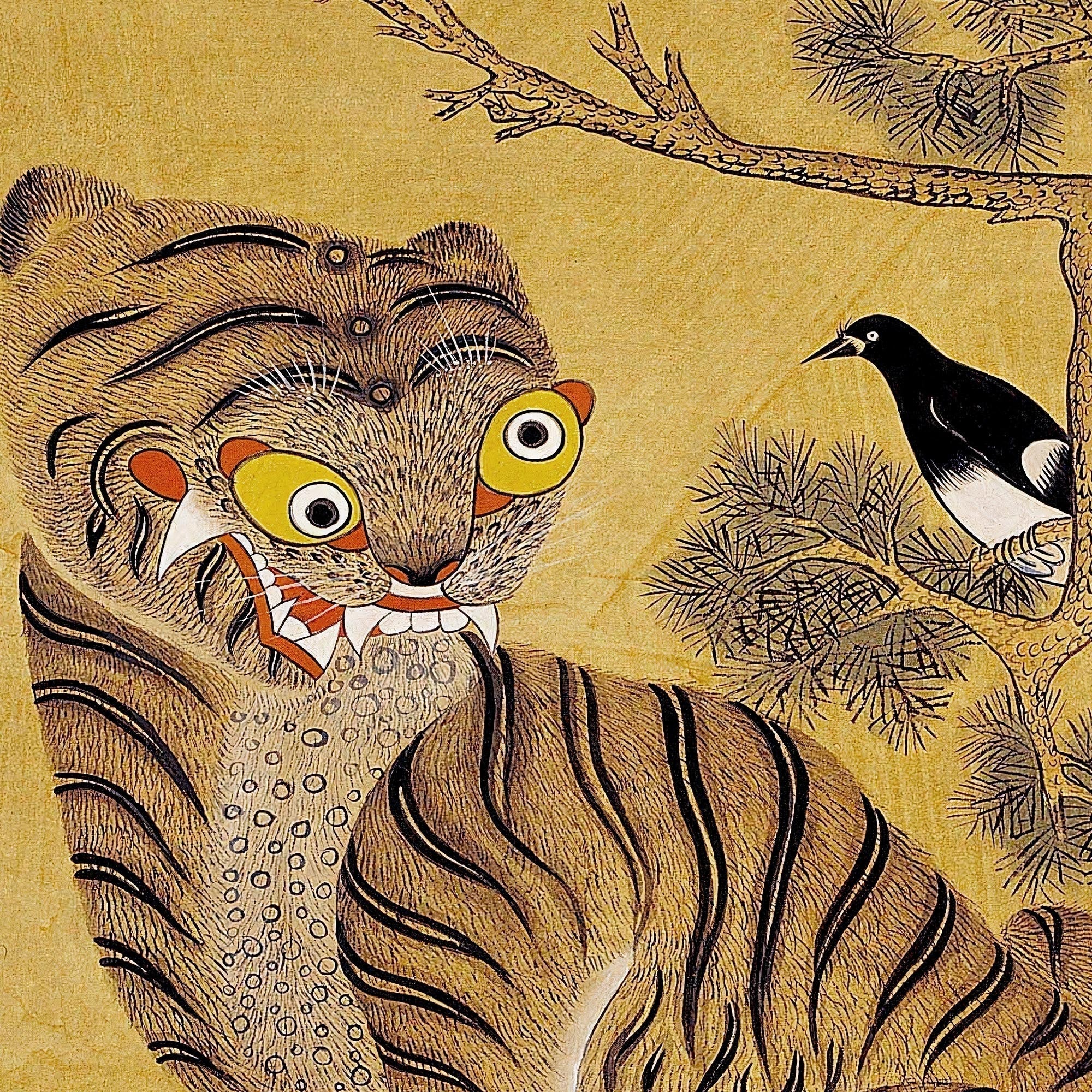 giclee Minhwa Tiger and Magpie: Classic Korean 19th-Century Folk Painting Antique Bird Jungle Kawaii Wildlife Lion Leopard Poster Fine Art Print