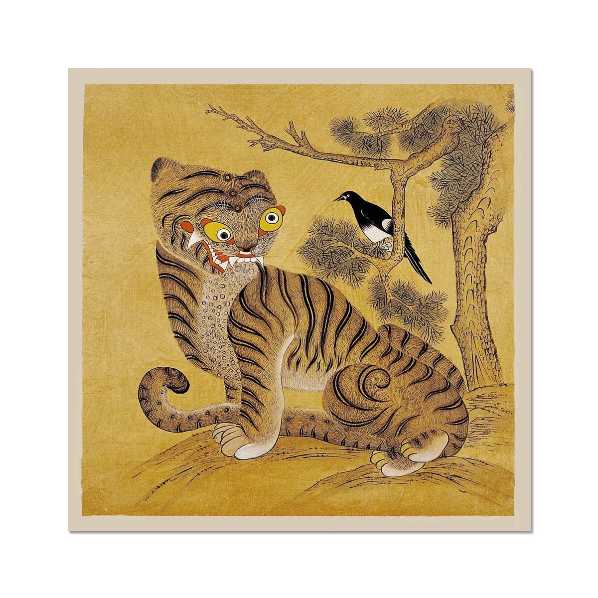Minhwa Tiger and Magpie: Classic Korean 19th-Century Folk Painting Antique Bird Jungle Kawaii Wildlife Lion Leopard Poster Fine Art Print