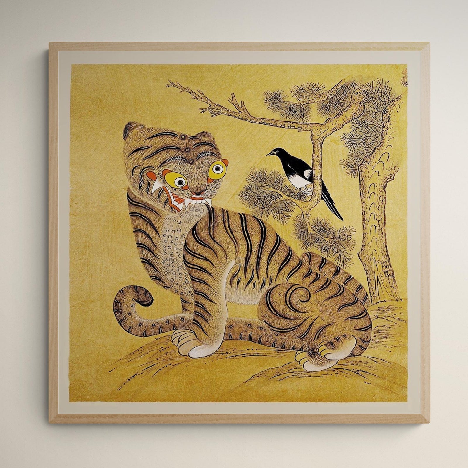 giclee 6"x6" Minhwa Tiger and Magpie: Classic Korean 19th-Century Folk Painting Antique Bird Jungle Kawaii Wildlife Lion Leopard Poster Fine Art Print