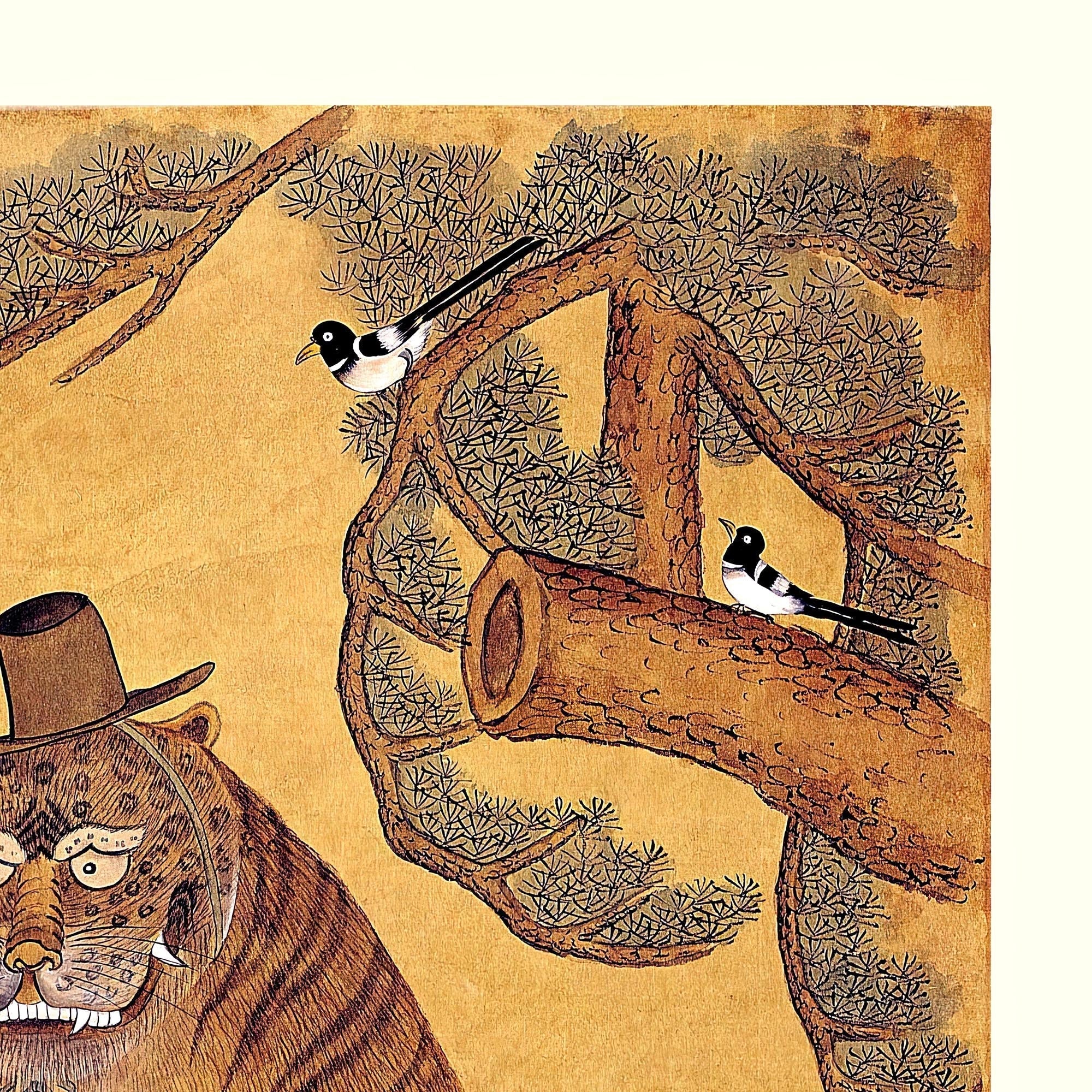 giclee Minhwa Tiger Smoking a Pipe, with Magpies | Korean Folk Art Mythology | Kawaii Cute Fine Art Print