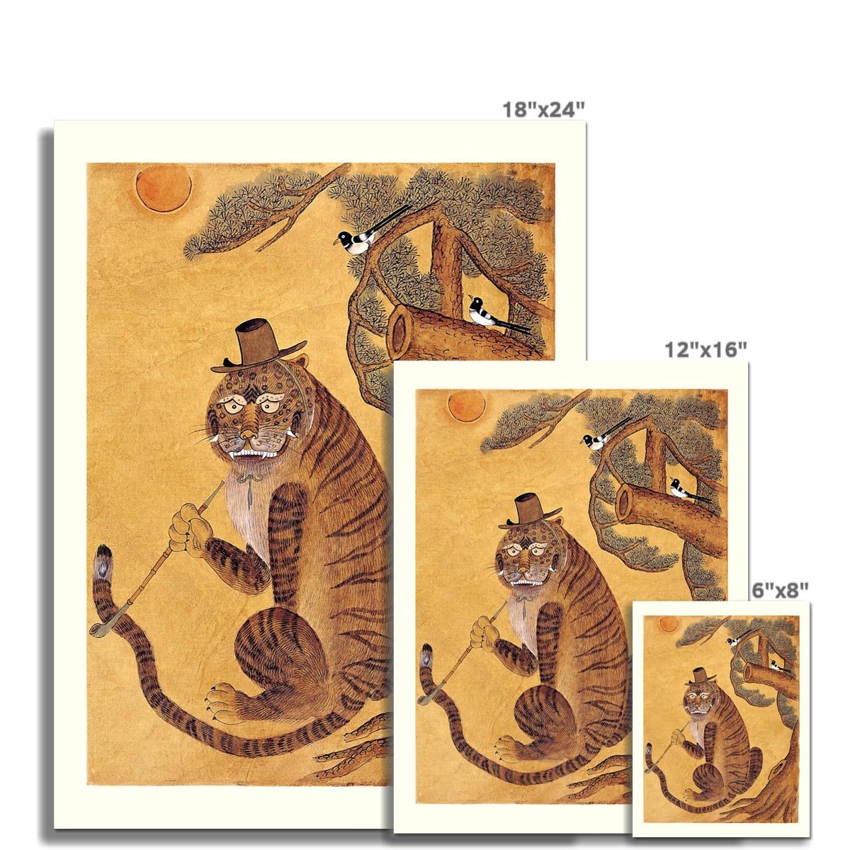 giclee Minhwa Tiger Smoking a Pipe, with Magpies | Korean Folk Art Mythology | Kawaii Cute Fine Art Print