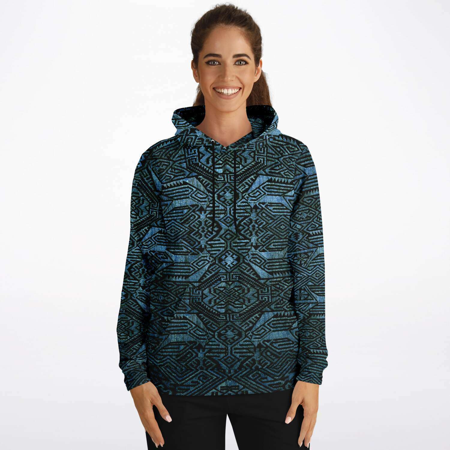 Fashion Hoodie - AOP Modern Oceanic Ikat Pullover Hoodie, Inspired by Indonesian Textiles, Laos Culture, Hmong Sweaters, Thailand, and India