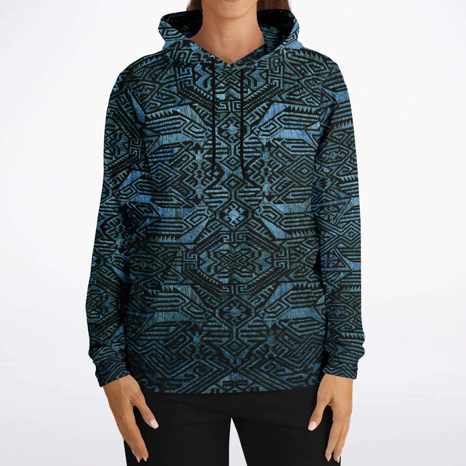 Fashion Hoodie - AOP Modern Oceanic Ikat Pullover Hoodie, Inspired by Indonesian Textiles, Laos Culture, Hmong Sweaters, Thailand, and India