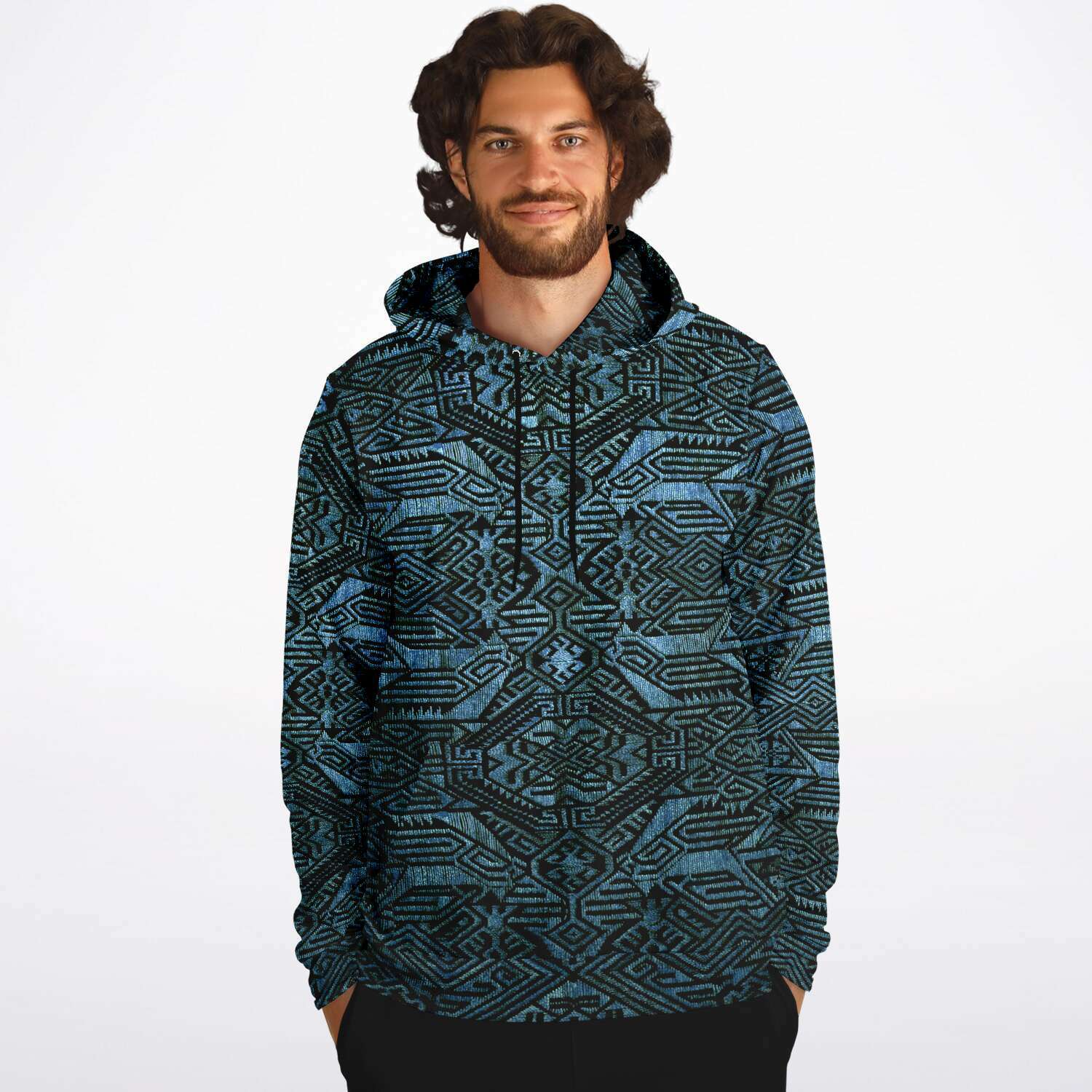 Fashion Hoodie - AOP Modern Oceanic Ikat Pullover Hoodie, Inspired by Indonesian Textiles, Laos Culture, Hmong Sweaters, Thailand, and India