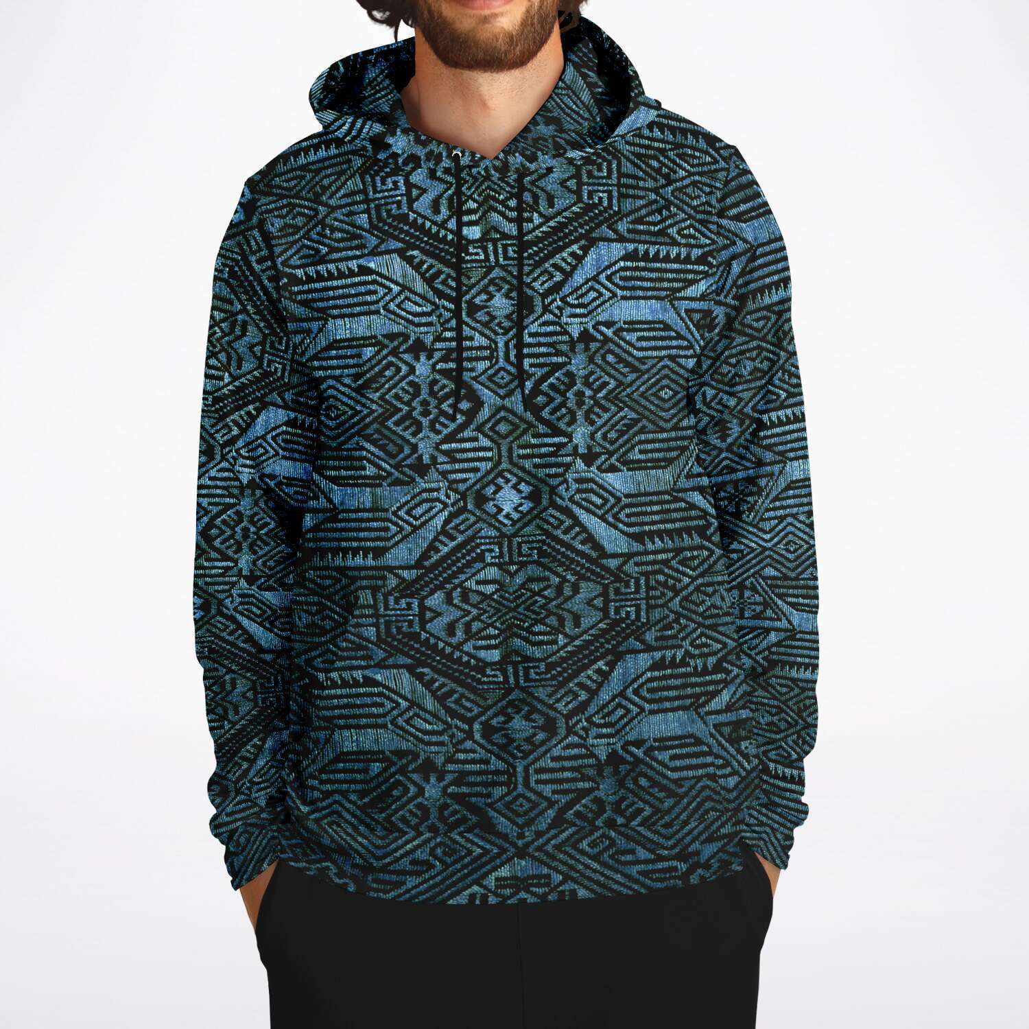 Fashion Hoodie - AOP Modern Oceanic Ikat Pullover Hoodie, Inspired by Indonesian Textiles, Laos Culture, Hmong Sweaters, Thailand, and India