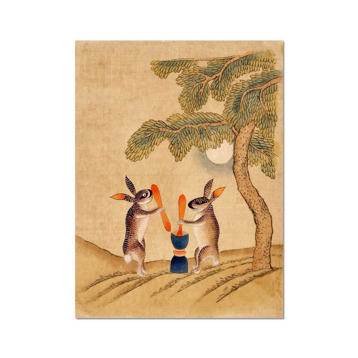 giclee 6"x8" Moon Bunny of Immortality | Classic Minhwa Korean Mythology Folk Art | Lunar Cosmos Astronomy Rabbit | Cute Kawaii Fine Art Print