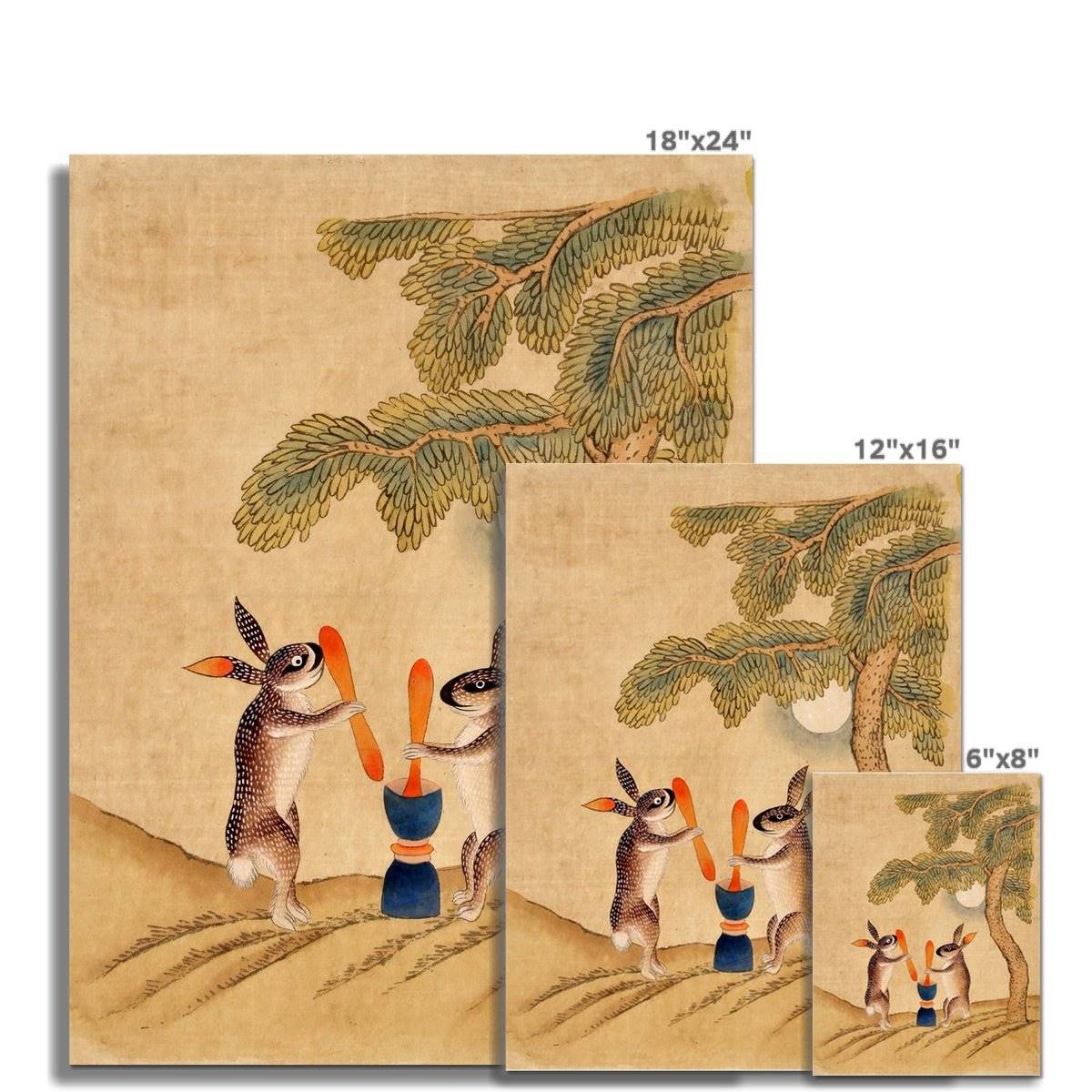 Moon Bunny of Immortality | Classic Minhwa Korean Mythology Folk Art | Lunar Cosmos Astronomy Rabbit | Cute Kawaii Fine Art Print