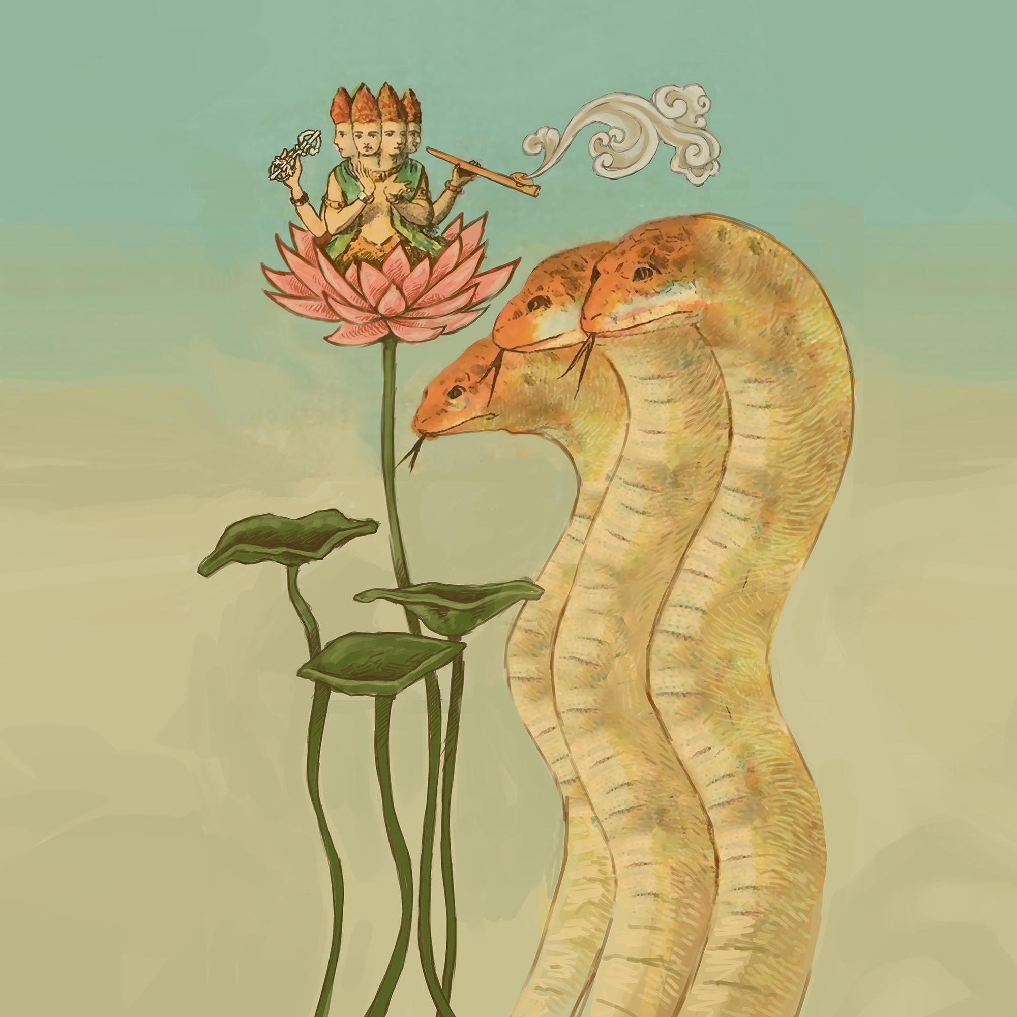 giclee 6"x8" Nagas, Lotus, and Guru Vedic, Hindu, Buddha Dharma, Jain Mythology | Divine Serpent Guardian Home Decor | Giclée Fine Art Print