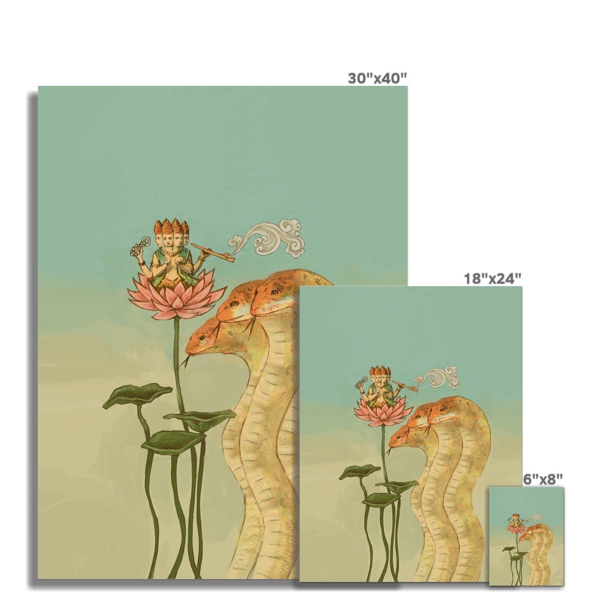 Nagas, Lotus, and Guru Vedic, Hindu, Buddha Dharma, Jain Mythology | Divine Serpent Guardian Home Decor | Giclée Fine Art Print