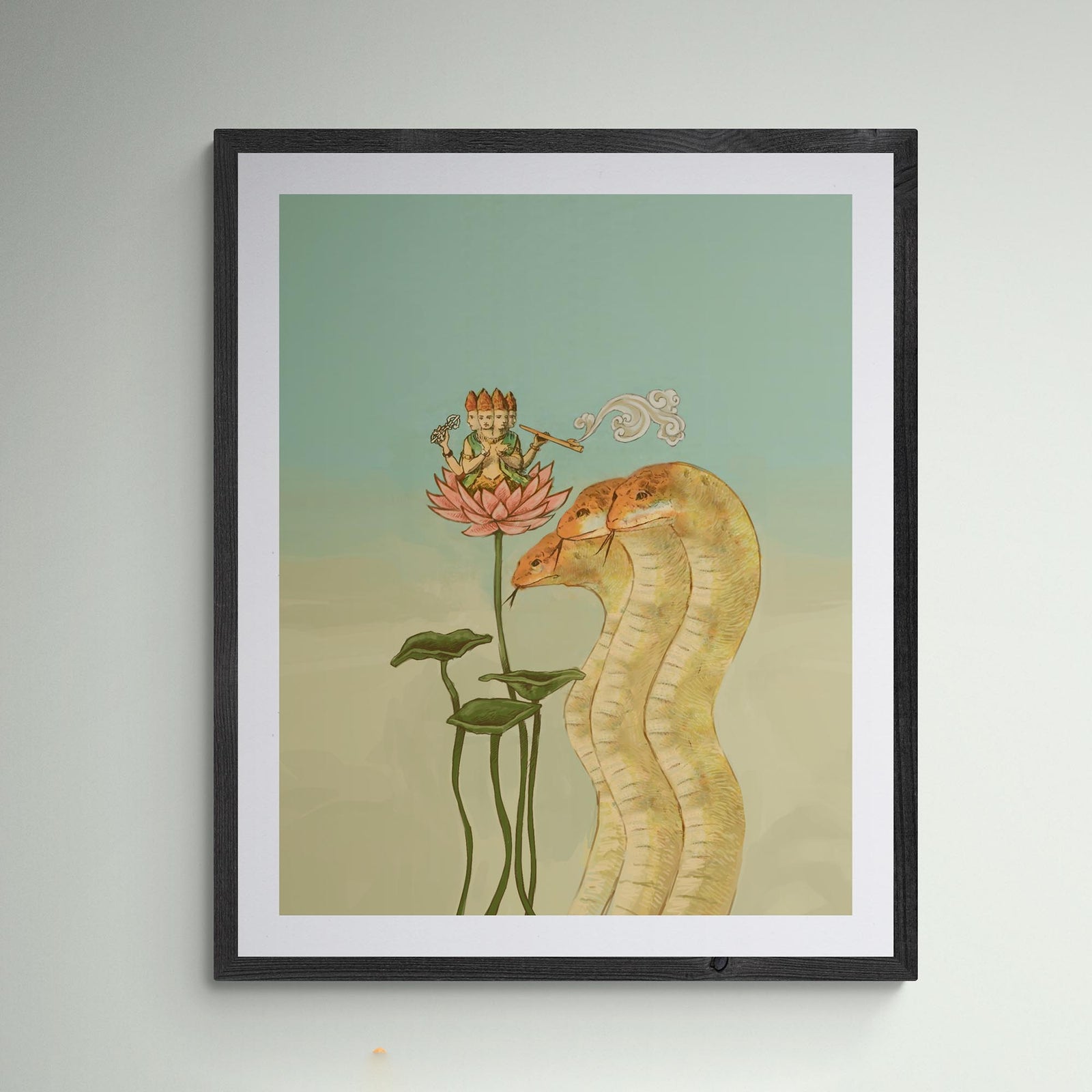 Nagas, Lotus, and Guru Vedic, Hindu, Buddha Dharma, Jain Mythology | Divine Serpent Guardian Home Decor | Giclée Fine Art Print