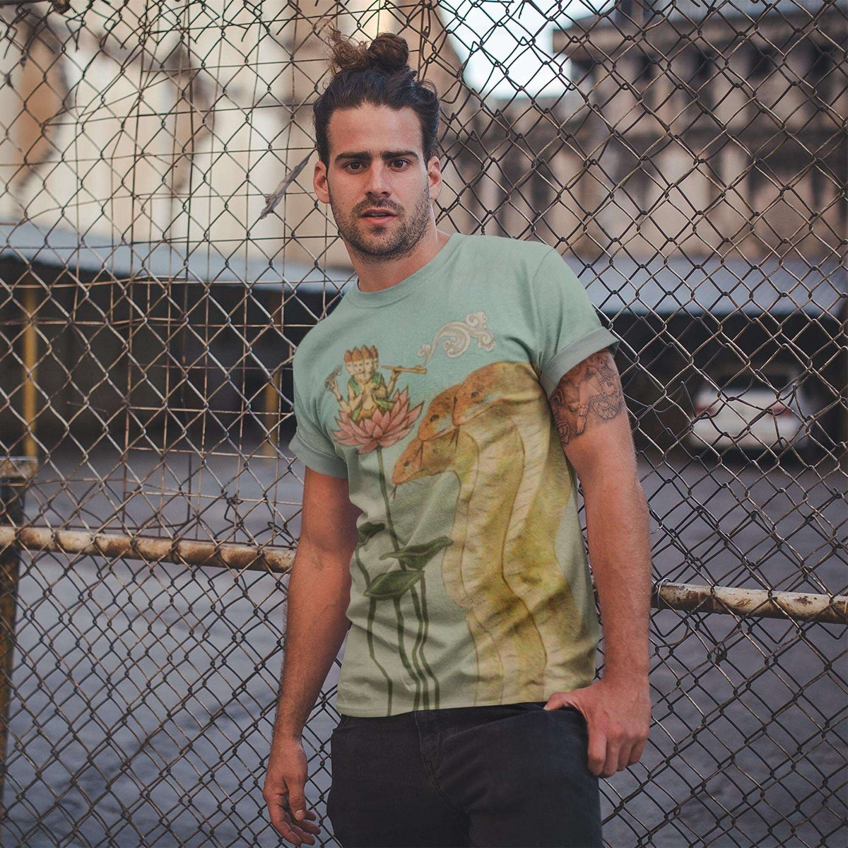 Nagas, Lotus, Guru Hindu Vedic Sadhu Indian Mystic Yoga Meditation Hashish Vintage Graphic Art Trippy T-Shirt Tee