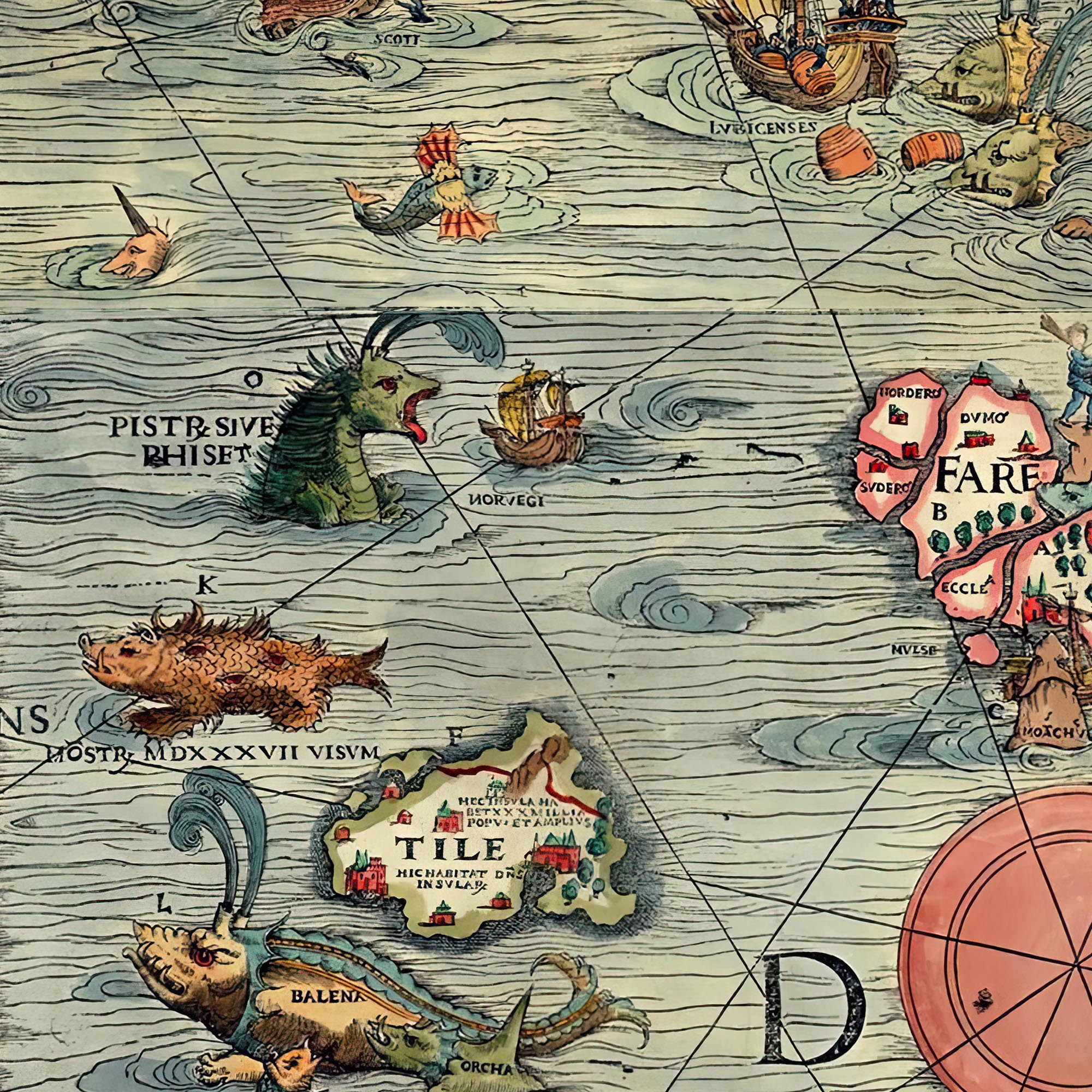 T-shirt XS Nautical Mythology Map | Kraken, Sea Serpents, Mermaids | Maritime Folklore Vintage Graphic Art T-Shirt