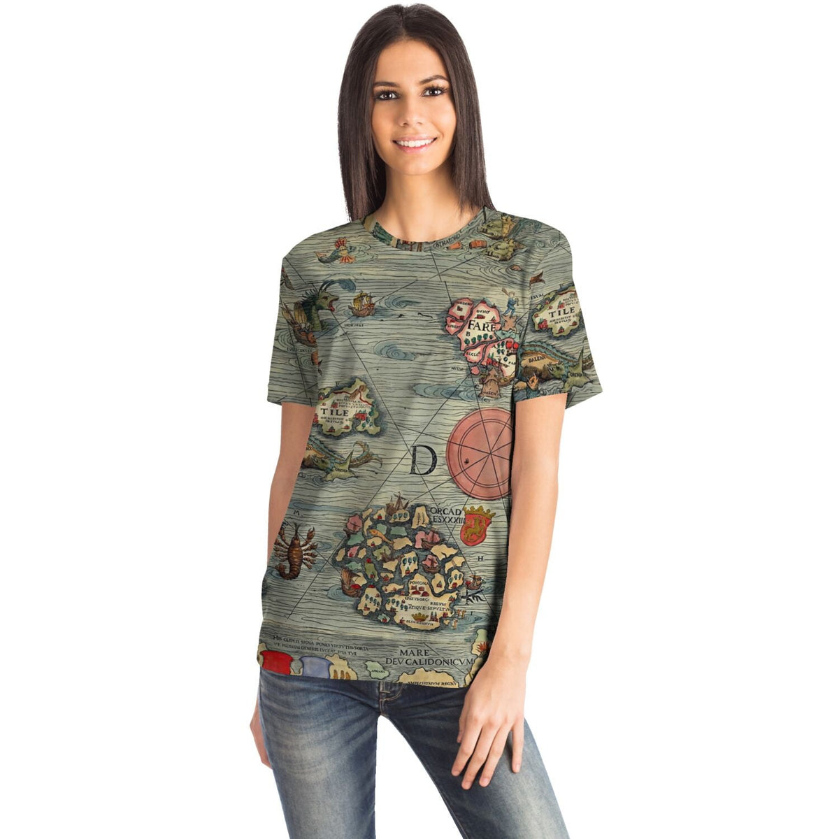 Nautical Mythology Map | Kraken, Sea Serpents, Mermaids | Maritime Folklore Vintage Graphic Art T-Shirt