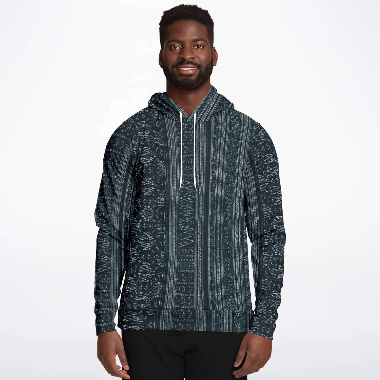 Navy Blue Ikat Hoodie, Inspired by Indonesian Textiles, Kuba Cloth, Kilim Tribal Boho Vintage Pullover Hoodie