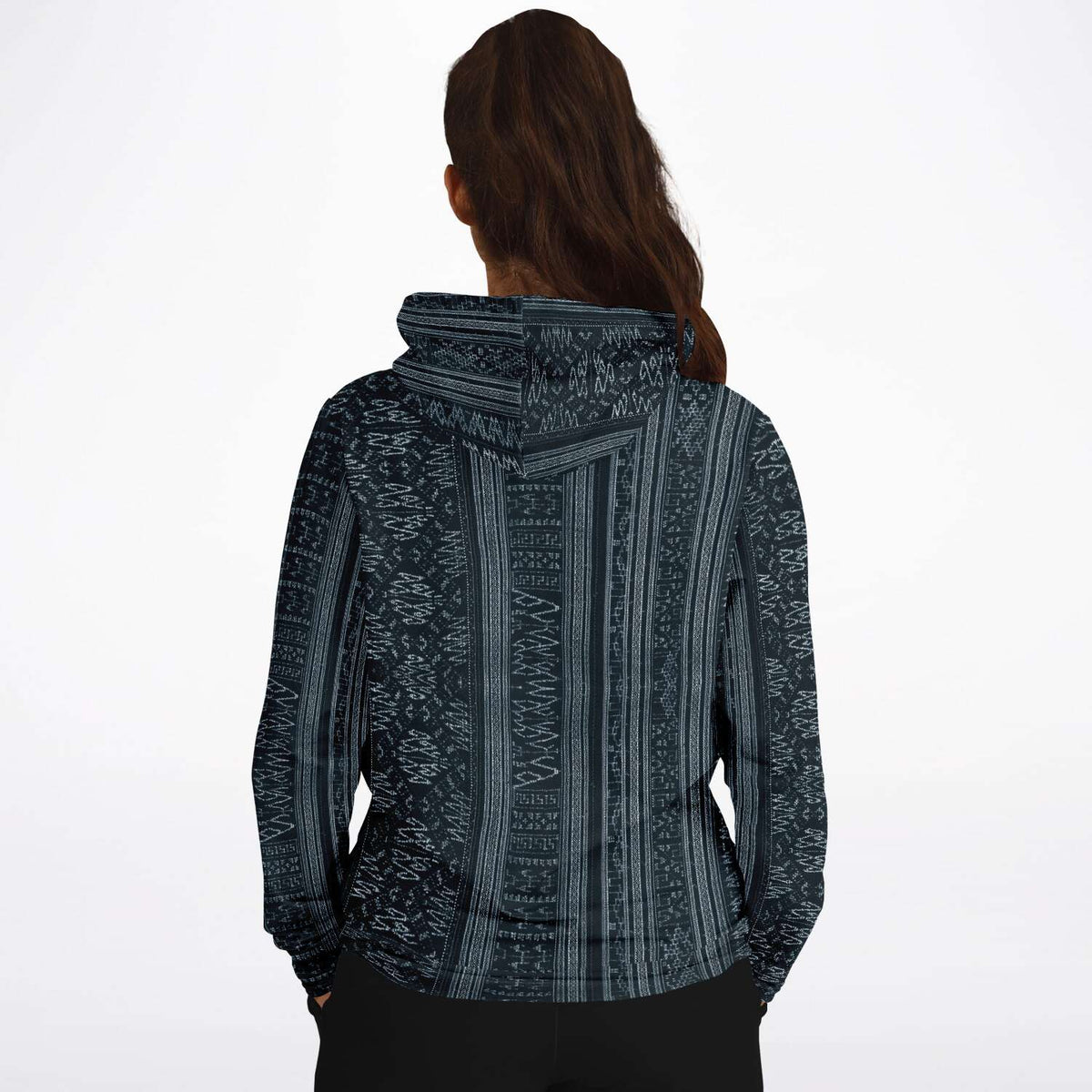 Navy Blue Ikat Hoodie, Inspired by Indonesian Textiles, Kuba Cloth, Kilim Tribal Boho Vintage Pullover Hoodie