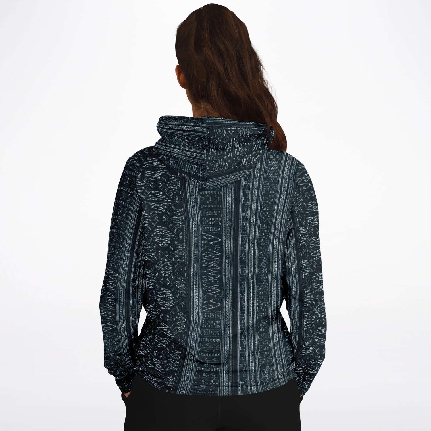 Navy Blue Ikat Hoodie, Inspired by Indonesian Textiles, Kuba Cloth, Kilim Tribal Boho Vintage Pullover Hoodie