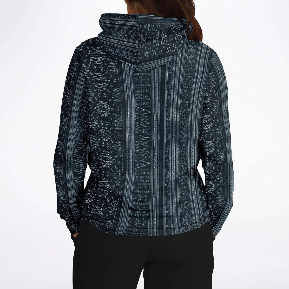 Navy Blue Ikat Hoodie, Inspired by Indonesian Textiles, Kuba Cloth, Kilim Tribal Boho Vintage Pullover Hoodie