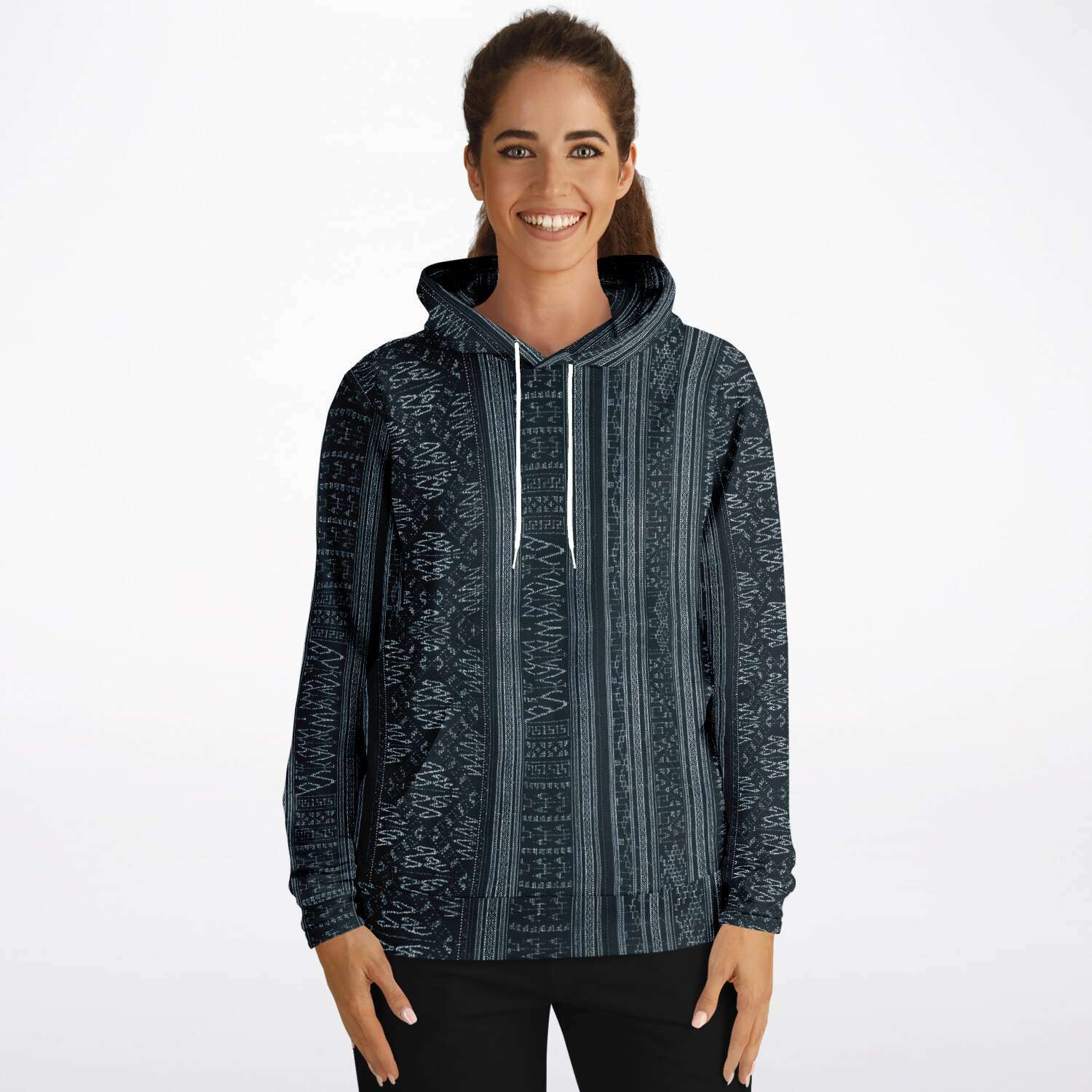 Navy Blue Ikat Hoodie, Inspired by Indonesian Textiles, Kuba Cloth, Kilim Tribal Boho Vintage Pullover Hoodie