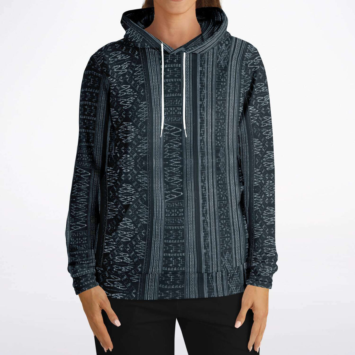Navy Blue Ikat Hoodie, Inspired by Indonesian Textiles, Kuba Cloth, Kilim Tribal Boho Vintage Pullover Hoodie