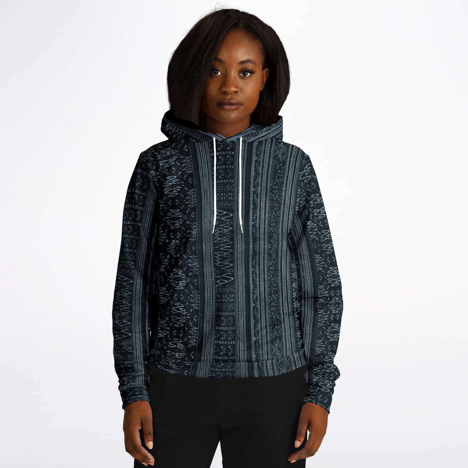 Navy Blue Ikat Hoodie, Inspired by Indonesian Textiles, Kuba Cloth, Kilim Tribal Boho Vintage Pullover Hoodie
