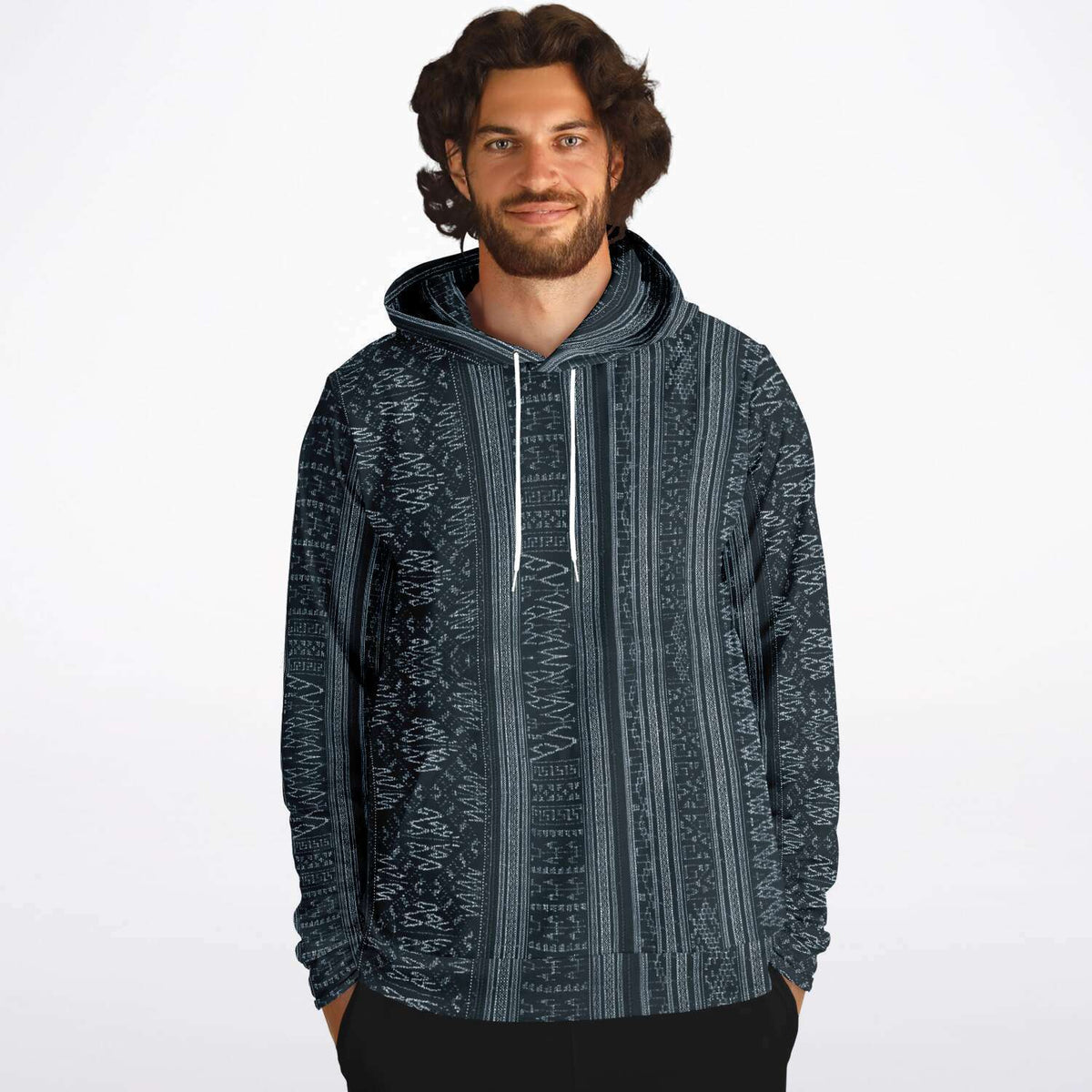 Navy Blue Ikat Hoodie, Inspired by Indonesian Textiles, Kuba Cloth, Kilim Tribal Boho Vintage Pullover Hoodie