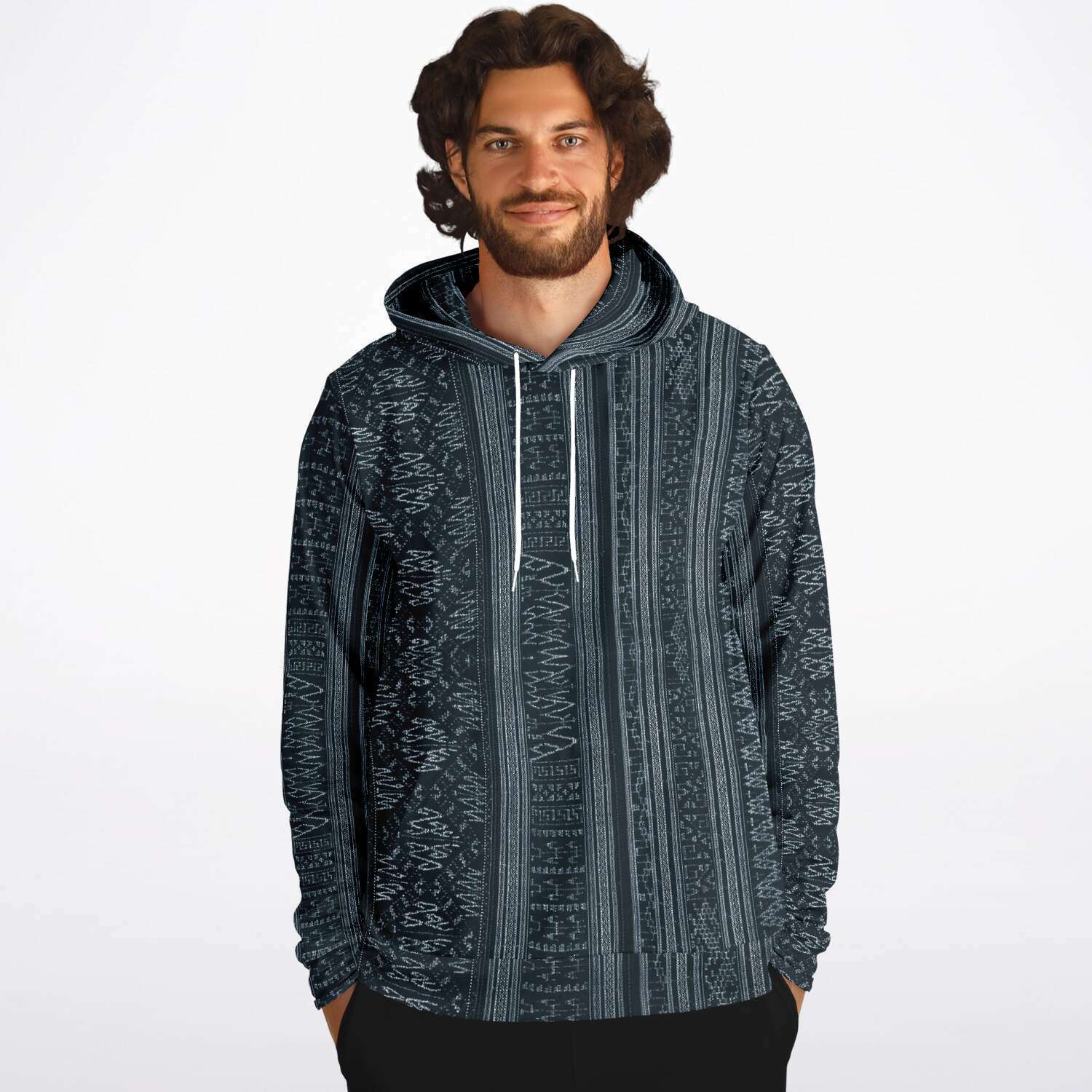 Navy Blue Ikat Hoodie, Inspired by Indonesian Textiles, Kuba Cloth, Kilim Tribal Boho Vintage Pullover Hoodie