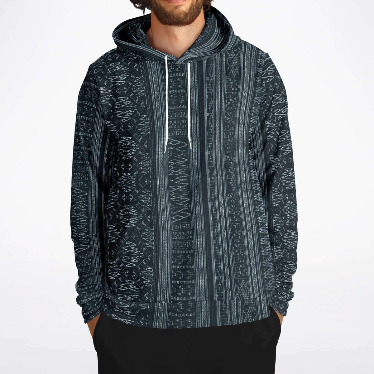 Navy Blue Ikat Hoodie, Inspired by Indonesian Textiles, Kuba Cloth, Kilim Tribal Boho Vintage Pullover Hoodie