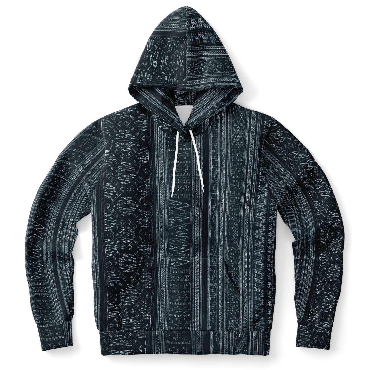 Fashion Hoodie - AOP XS Navy Blue Ikat Hoodie, Inspired by Indonesian Textiles, Kuba Cloth, Kilim Tribal Boho Vintage Pullover Hoodie