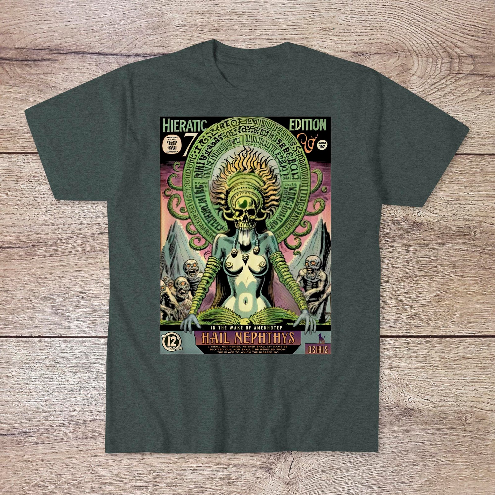 Nephthys, Egyptian Book of the Dead | Osiris Ra Anubus Horus Thoth | 1960s Comic Book Skull | Occult Duat Underworld Hades Graphic Art TShirt