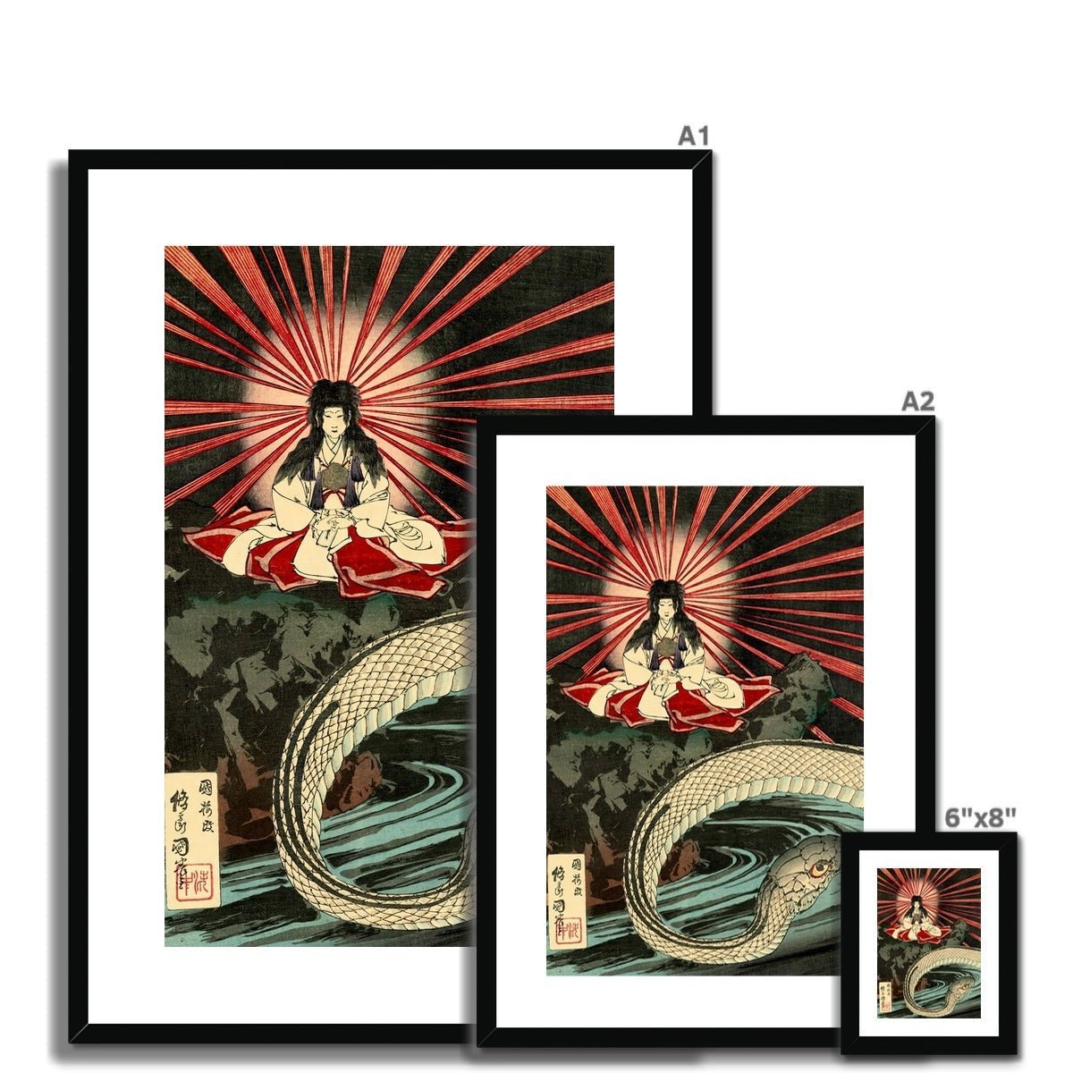 Nitta No Shiro Tadatsune Encountering the Goddess of Mount Fuji In A Cave With Her Dragon, Japanese Edo Period Ukiyo-e Framed Fine Art Print