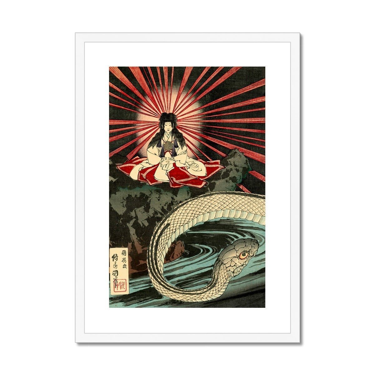 Nitta No Shiro Tadatsune Encountering the Goddess of Mount Fuji In A Cave With Her Dragon, Japanese Edo Period Ukiyo-e Framed Fine Art Print