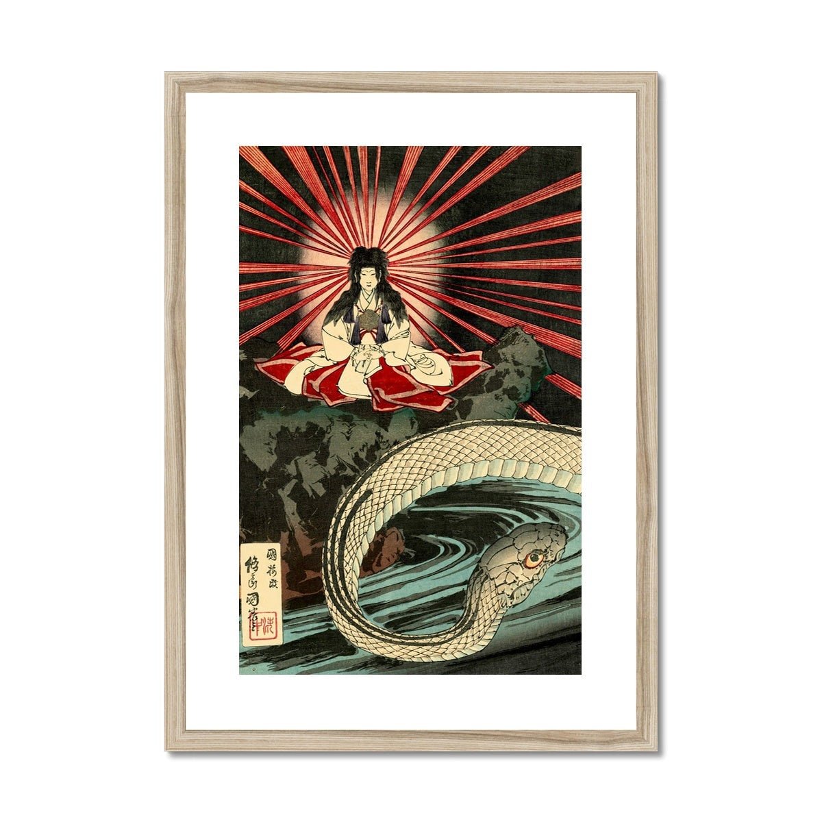 Nitta No Shiro Tadatsune Encountering the Goddess of Mount Fuji In A Cave With Her Dragon, Japanese Edo Period Ukiyo-e Framed Fine Art Print