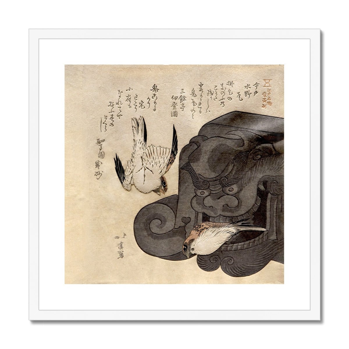 Fine art 12"x12" / White Frame Onigawara Gargoyle and Sparrows (Totoya Hokkei) | Japanese Ukiyo-e | Funny Cute Kawaii Oni Yokai | Vintage Framed & Mounted Print