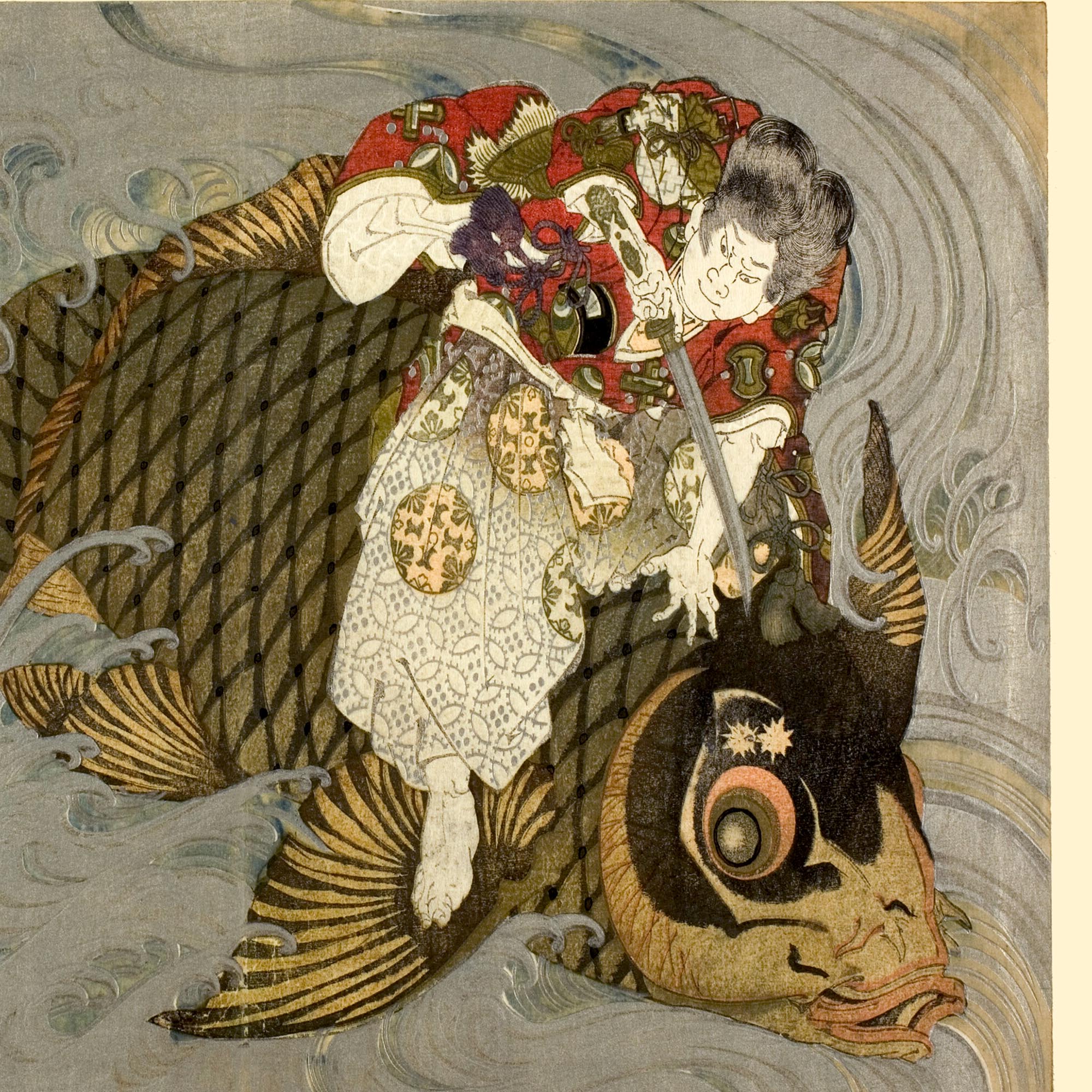 Oniwakamaru Subduing the Giant Carp Japanese Koi Folklore Totoya Hokkei Warrior Samurai Ronin Legend Marine Life Antique Fine Art Print