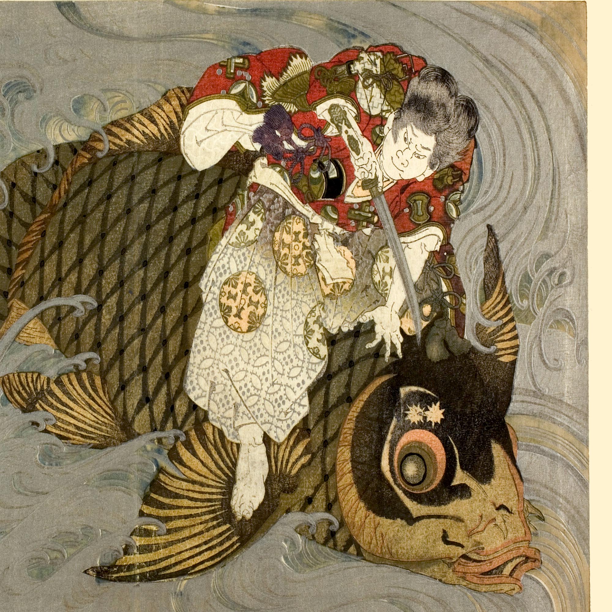 giclee Oniwakamaru Subduing the Giant Carp Japanese Koi Folklore Totoya Hokkei Warrior Samurai Ronin Legend Marine Life Antique Fine Art Print