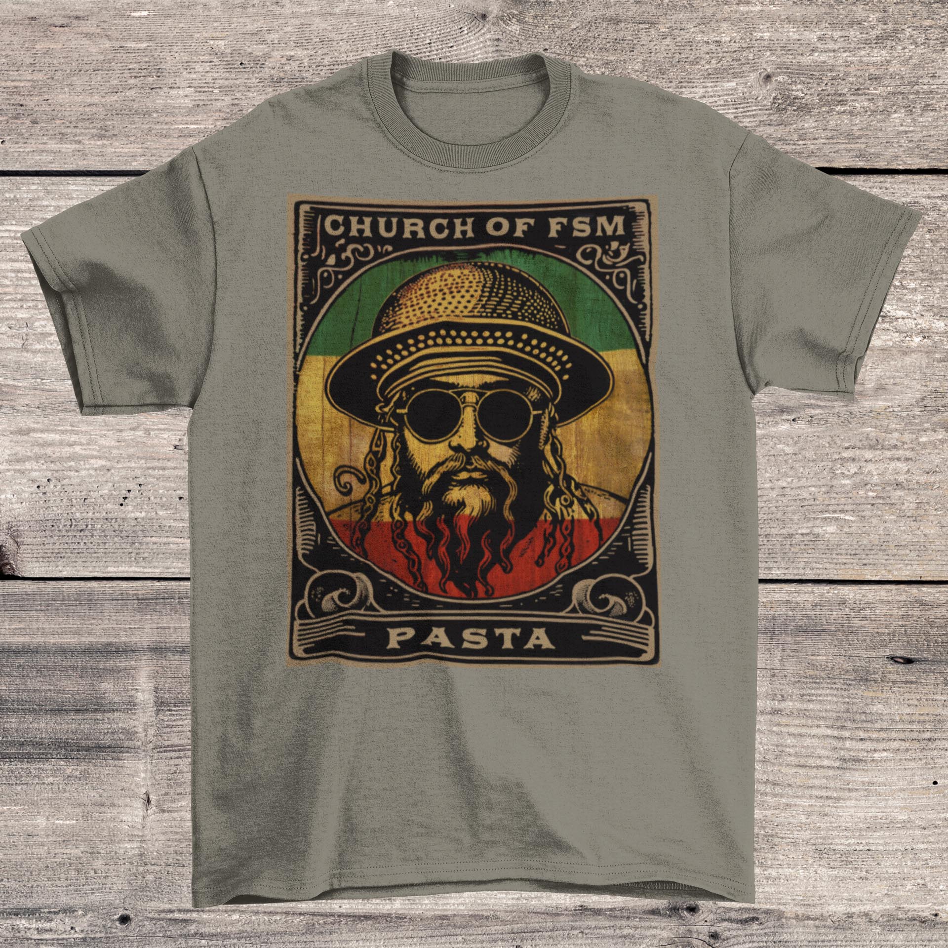 T-Shirts XS / Heather Military Green Pastafarianism & The Flying Spaghetti Monster (FSM) | Reggae and Atheist Inspired Pasta Graphic Art T-Shirt
