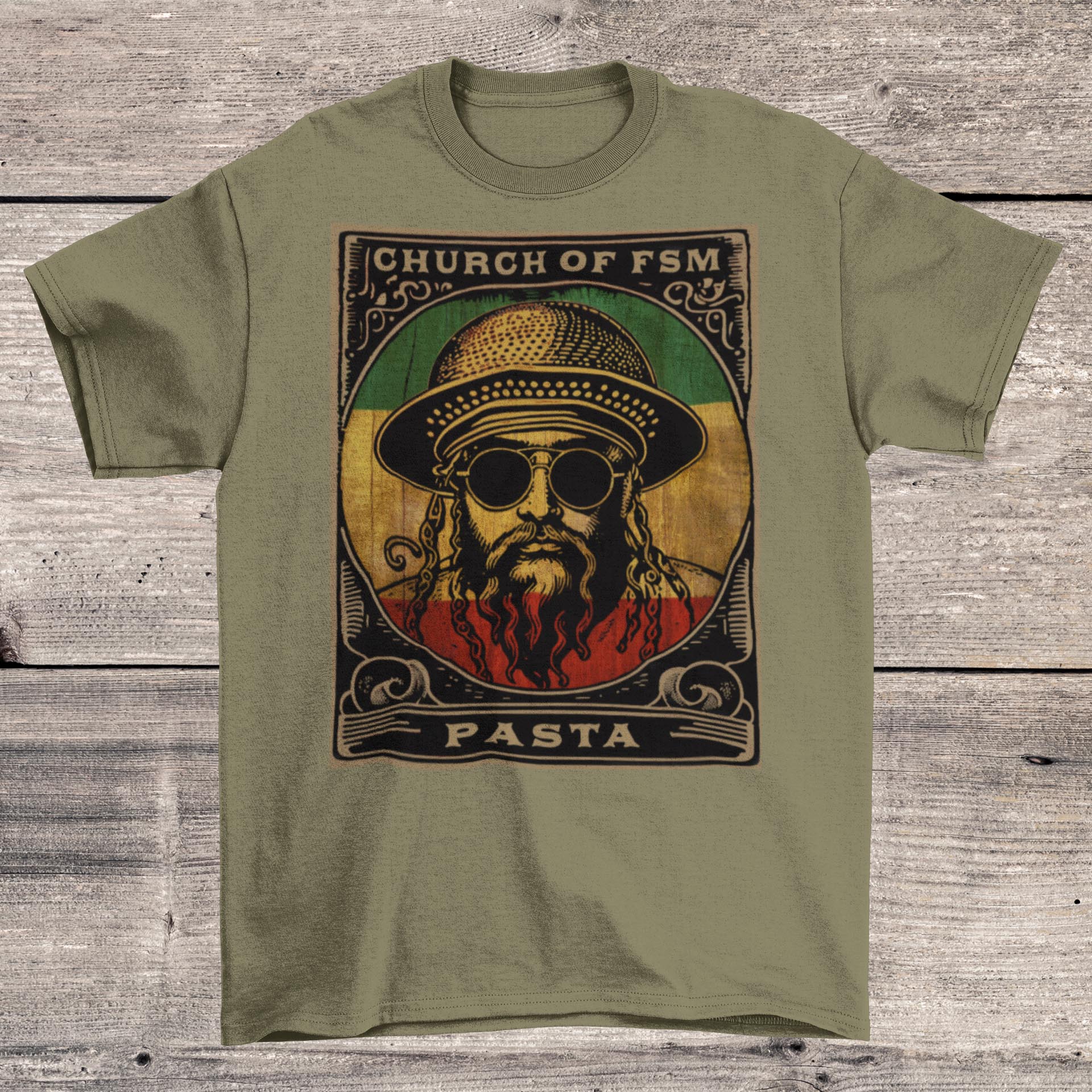 T-Shirts XS / Heather Olive Pastafarianism & The Flying Spaghetti Monster (FSM) | Reggae and Atheist Inspired Pasta Graphic Art T-Shirt
