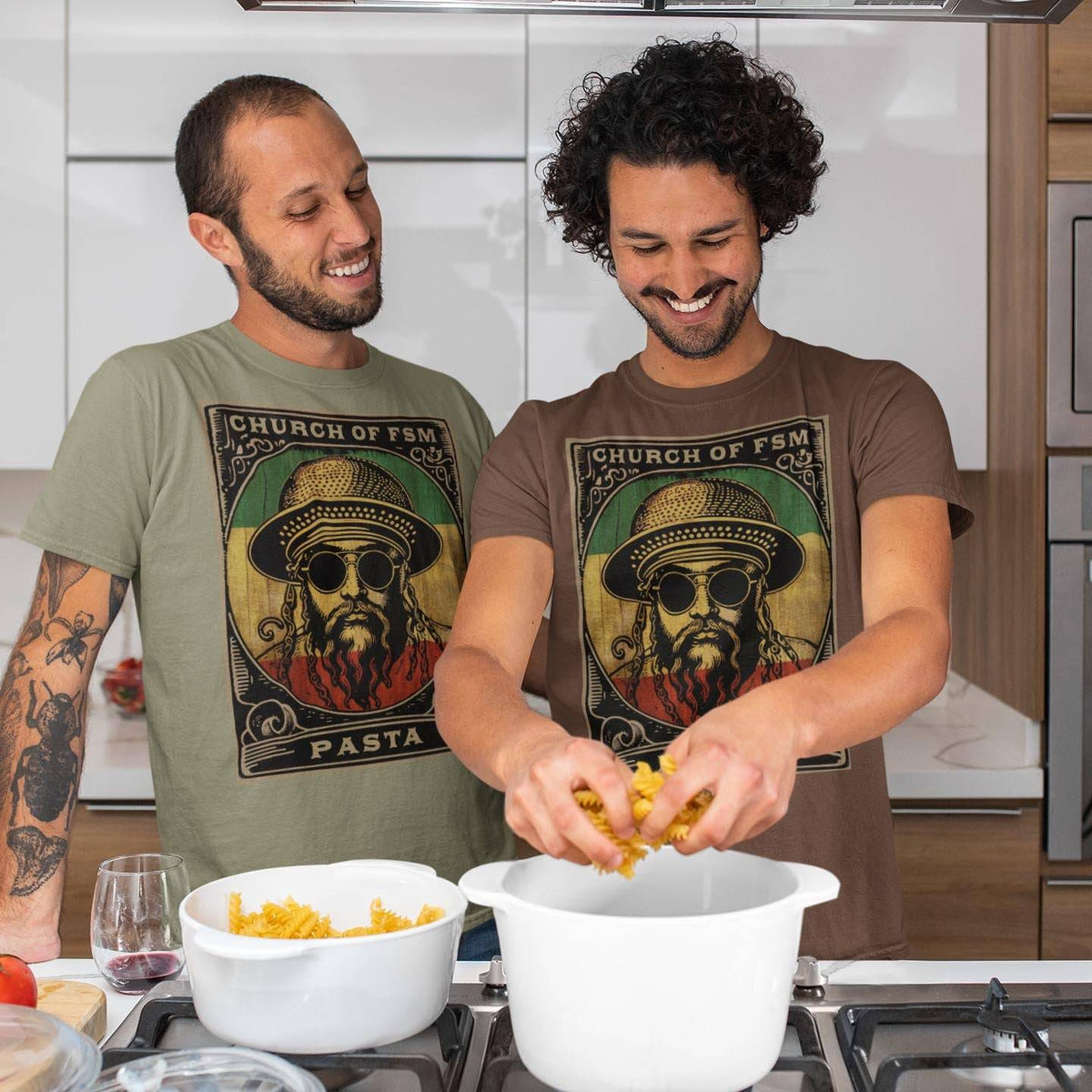 Pastafarianism & The Flying Spaghetti Monster (FSM) | Reggae and Atheist Inspired Pasta Graphic Art T-Shirt