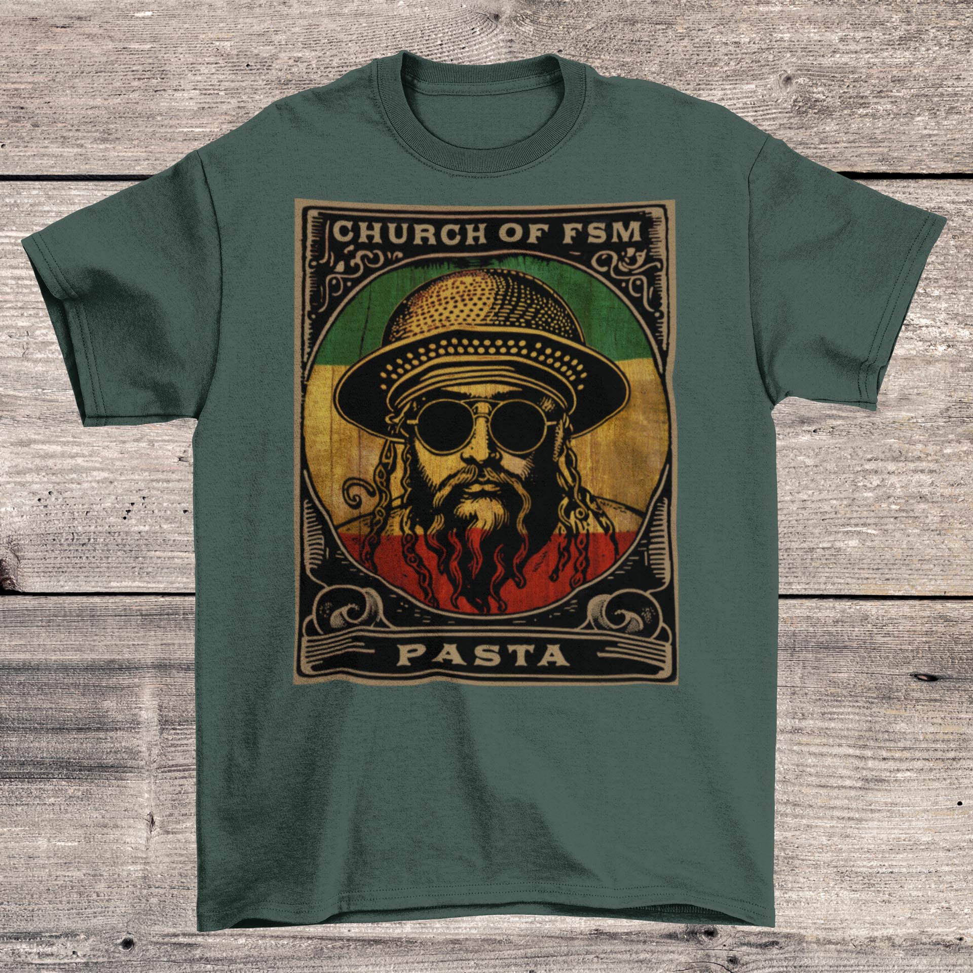 T-Shirts XS / Heather Forest Pastafarianism & The Flying Spaghetti Monster (FSM) | Reggae and Atheist Inspired Pasta Graphic Art T-Shirt