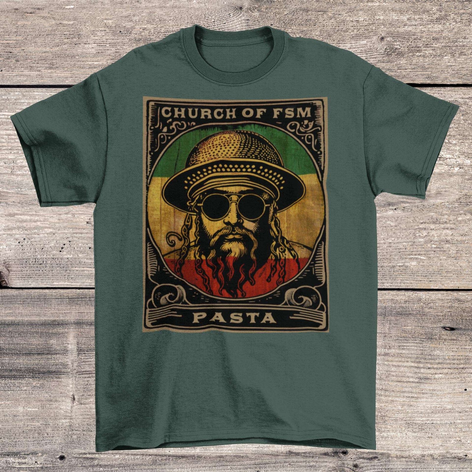 Pastafarianism & The Flying Spaghetti Monster (FSM) | Reggae and Atheist Inspired Pasta Graphic Art T-Shirt